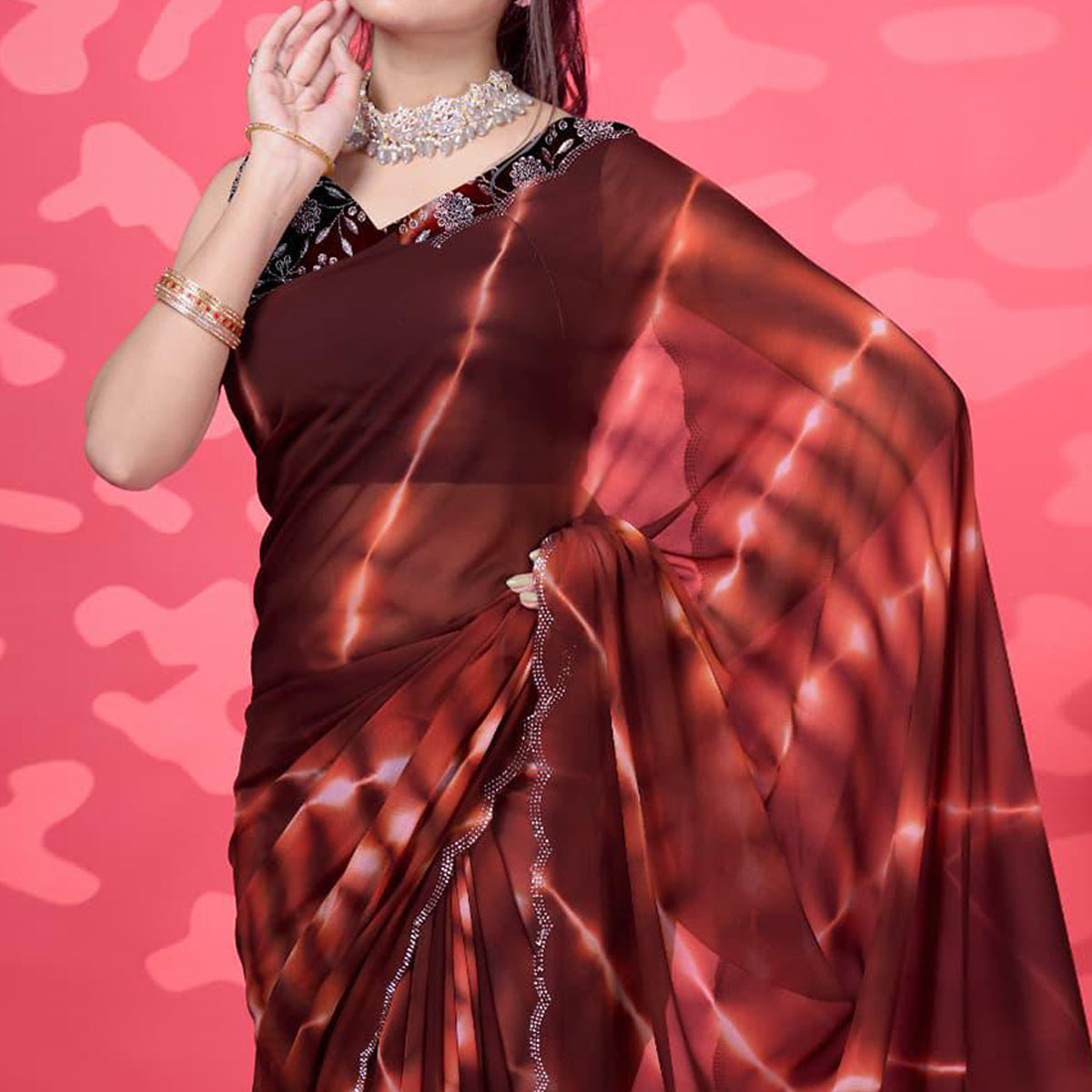 Brown Leheriya Printed Georgette Saree