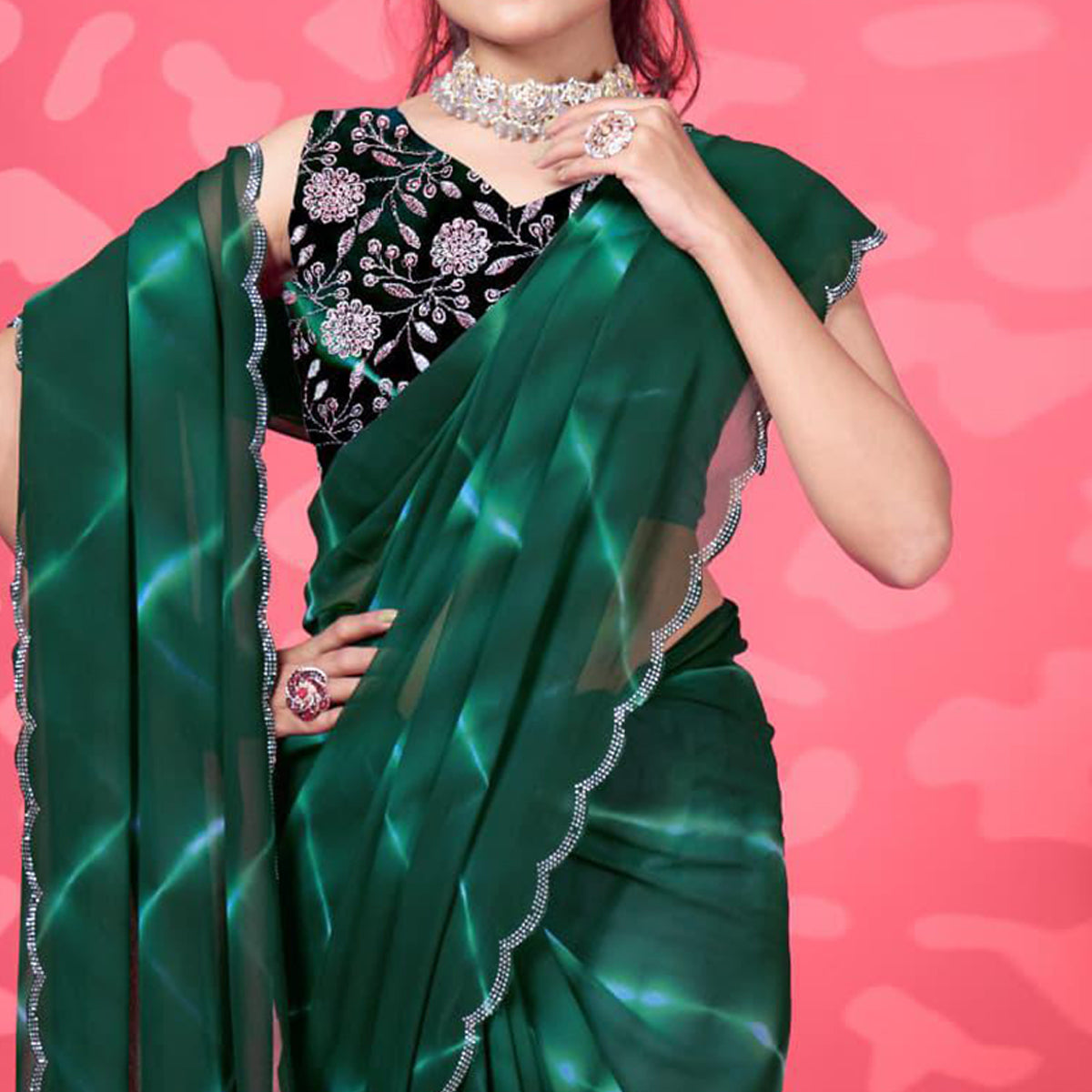 Green Leheriya Printed Georgette Saree