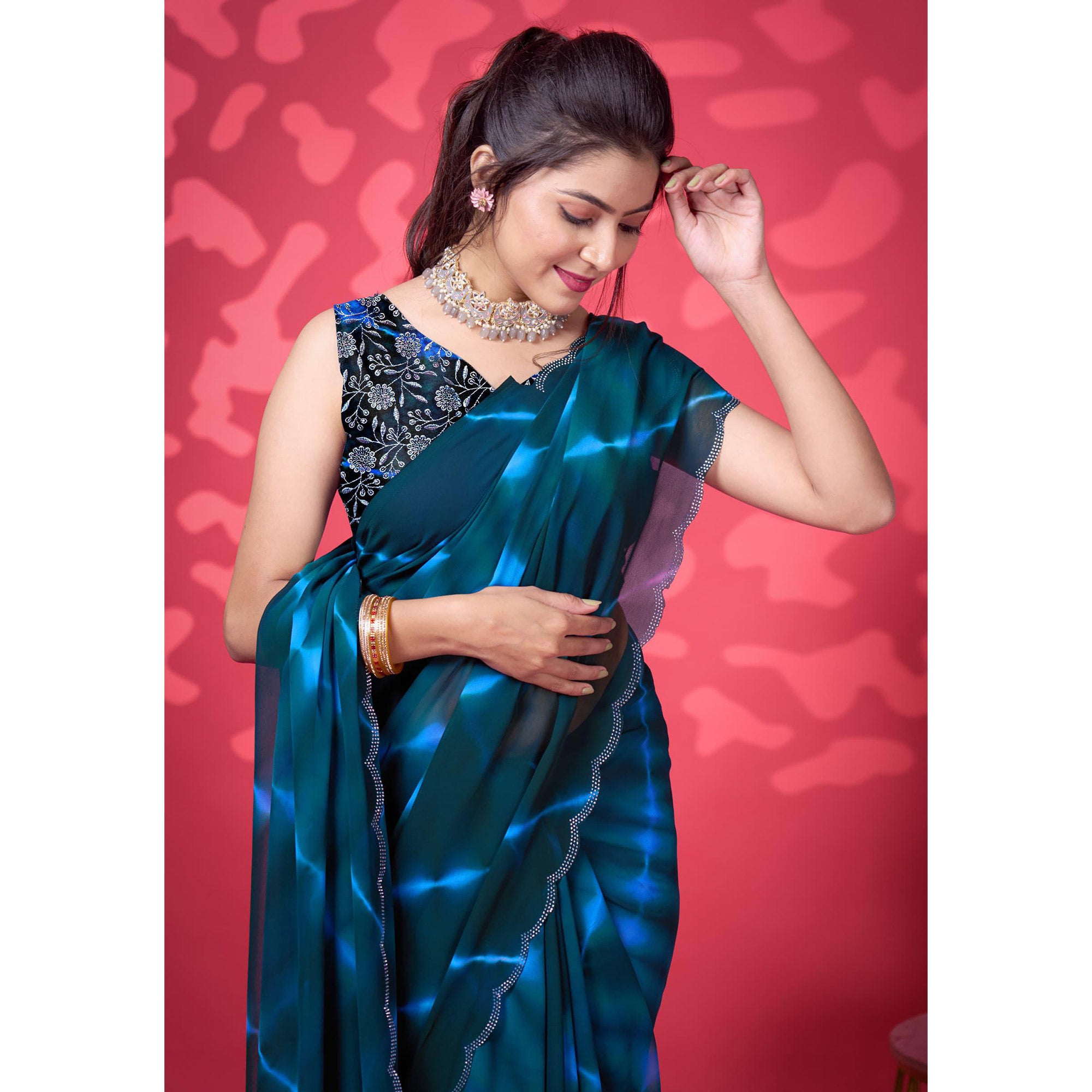 Morpich Blue Leheriya Printed Georgette Saree