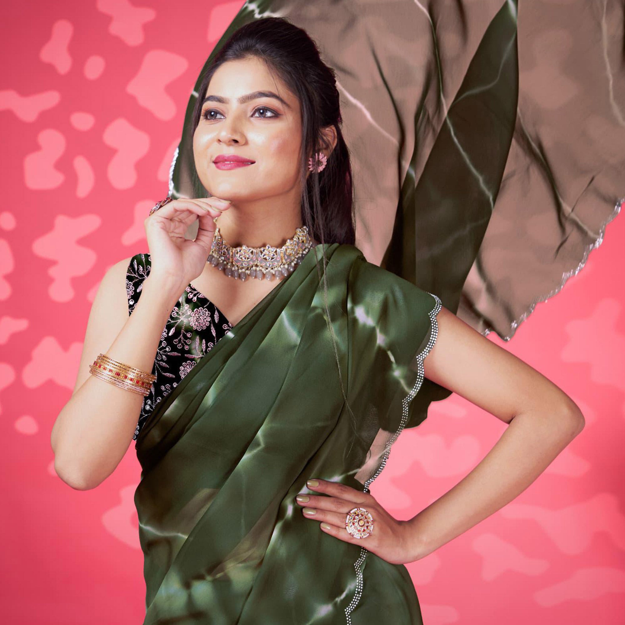 Mehandi Green Leheriya Printed Georgette Saree