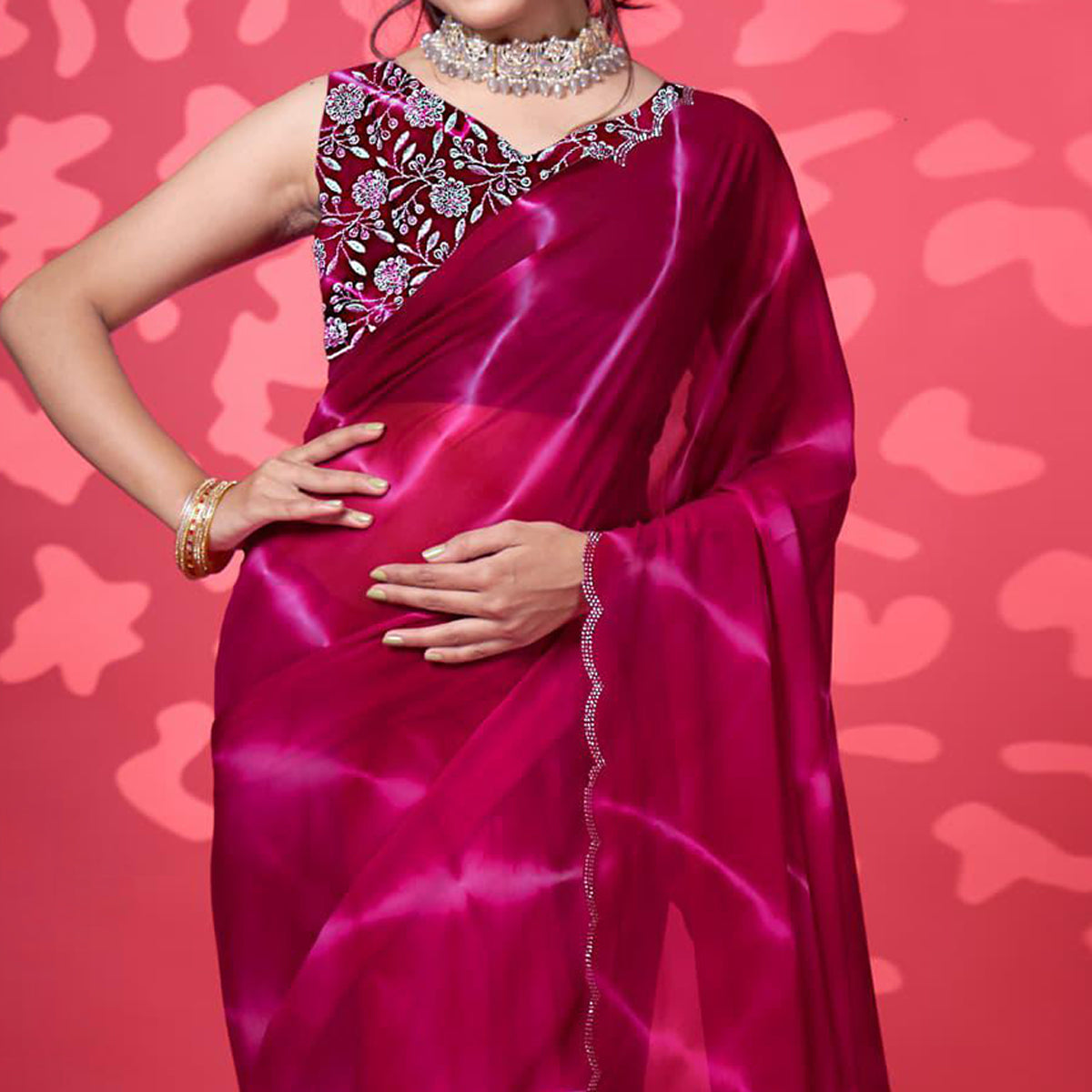 Magenta Leheriya Printed Georgette Saree