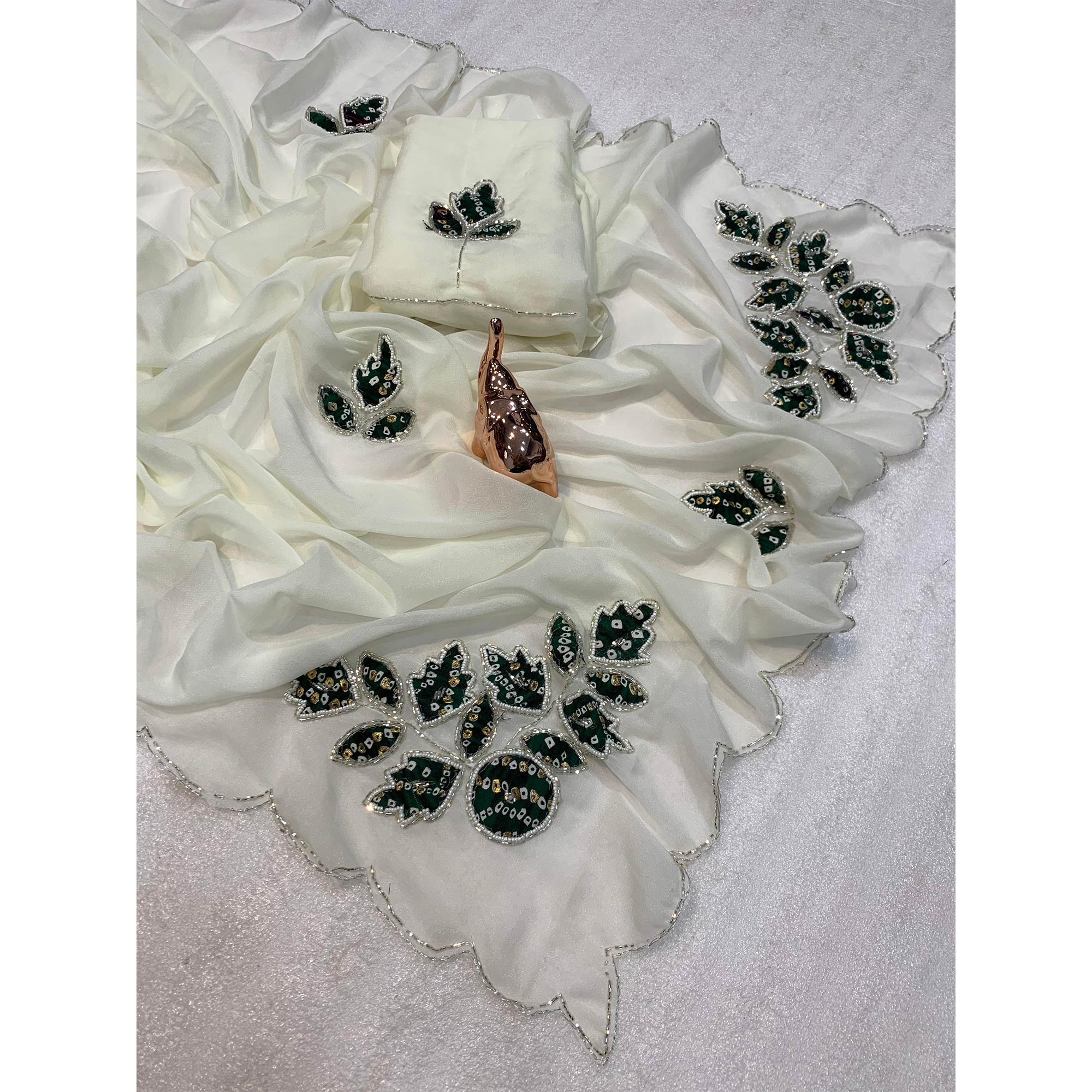 White & Green Partywear Georgette Saree with Delicate Stone & Bead Work