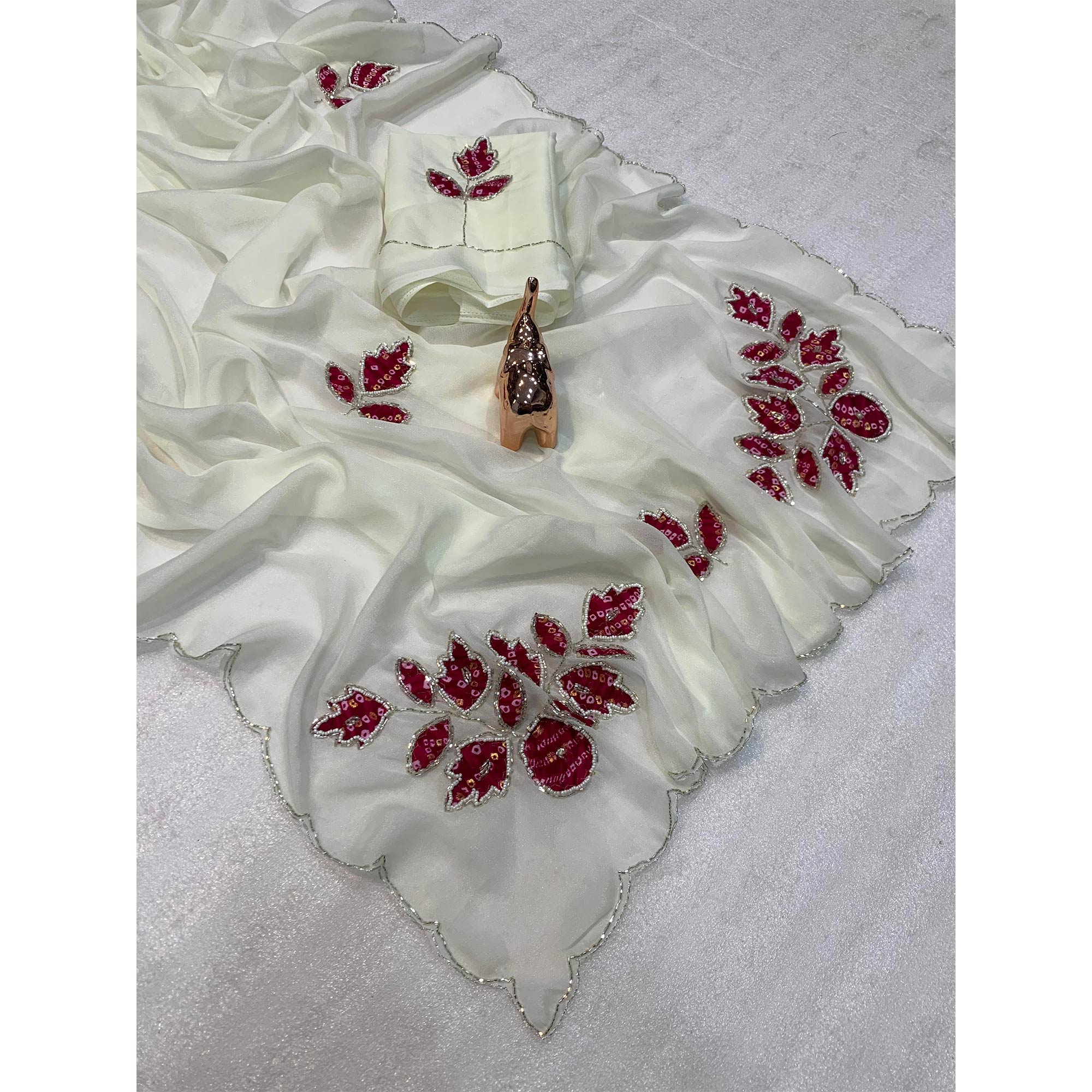 White & Pink Partywear Georgette Saree with Delicate Stone & Bead Work