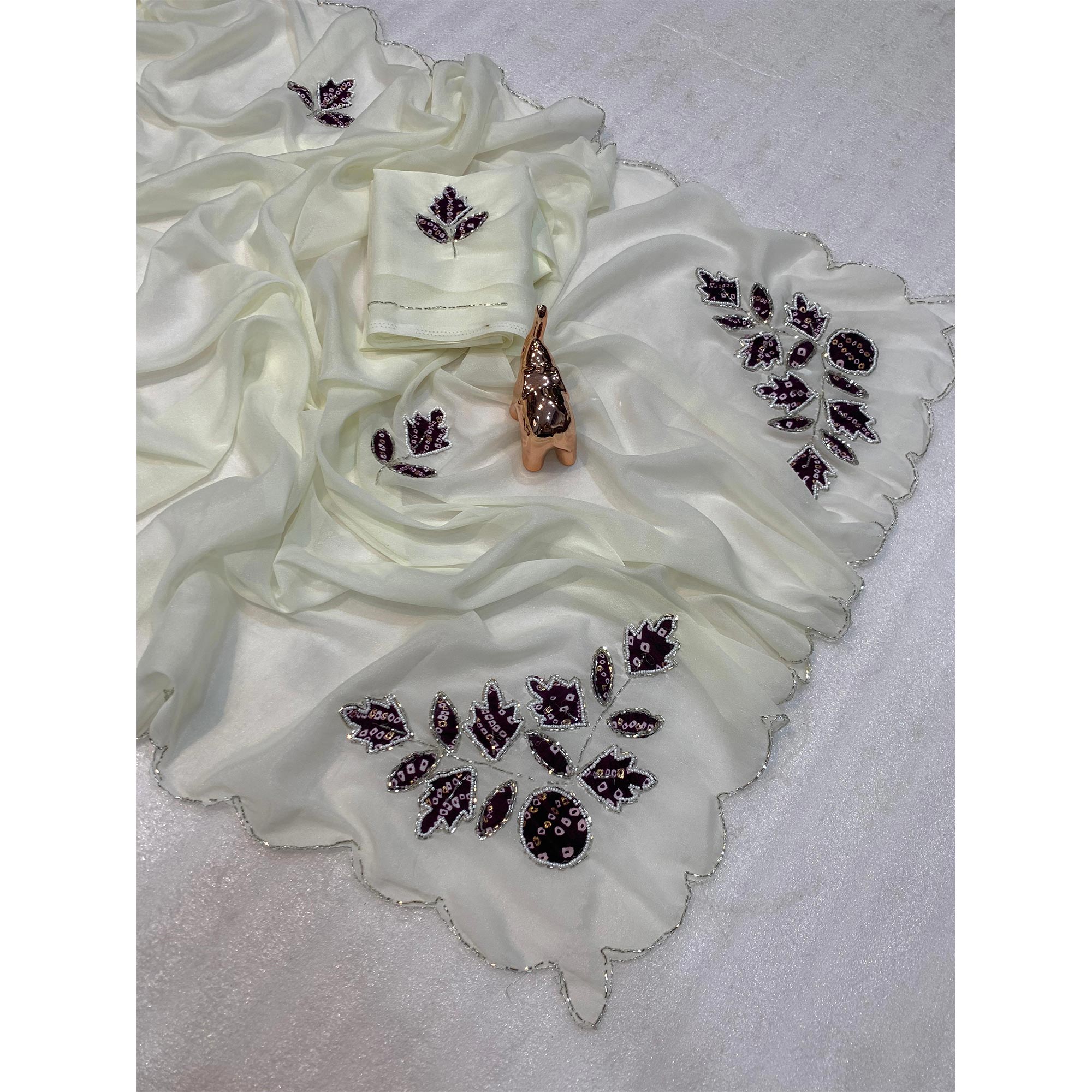 White & Wine Partywear Georgette Saree with Delicate Stone & Bead Work