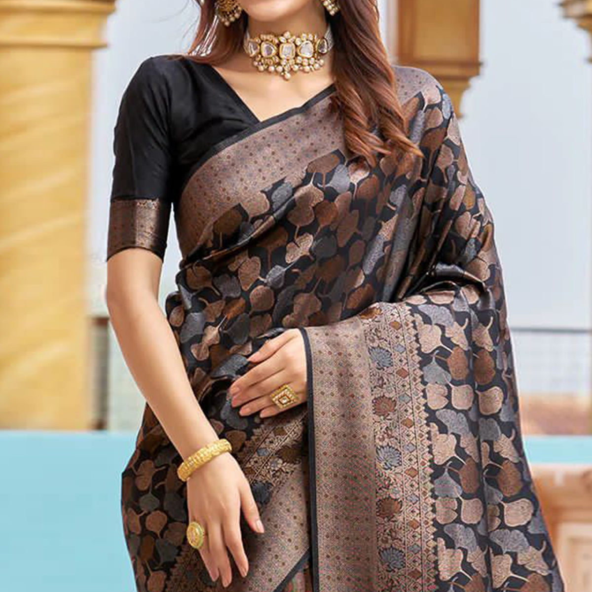 Black Floral Woven Banarasi Silk Saree