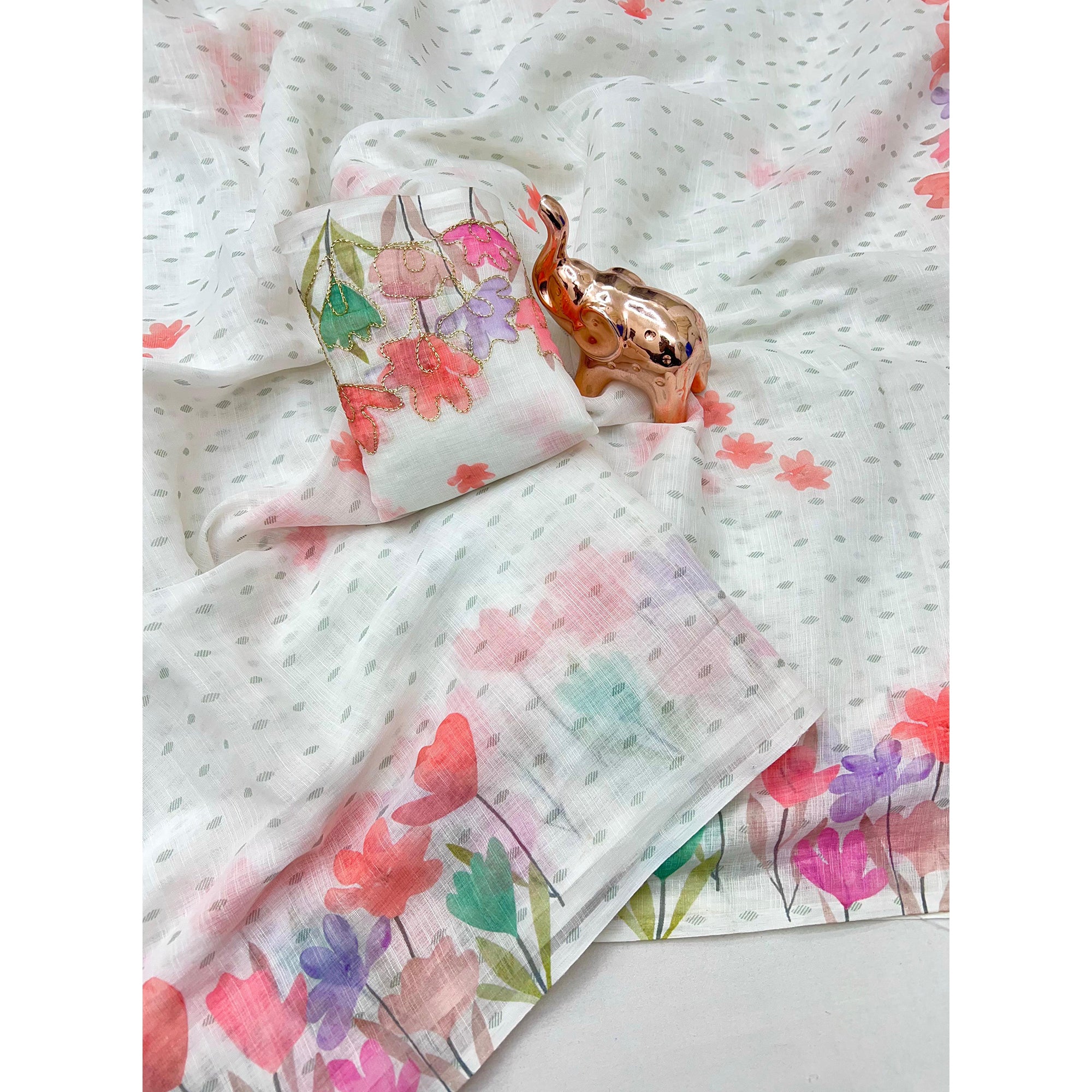 White Linen Cotton Saree with Beautiful and Vibrant Digital Printed Designs