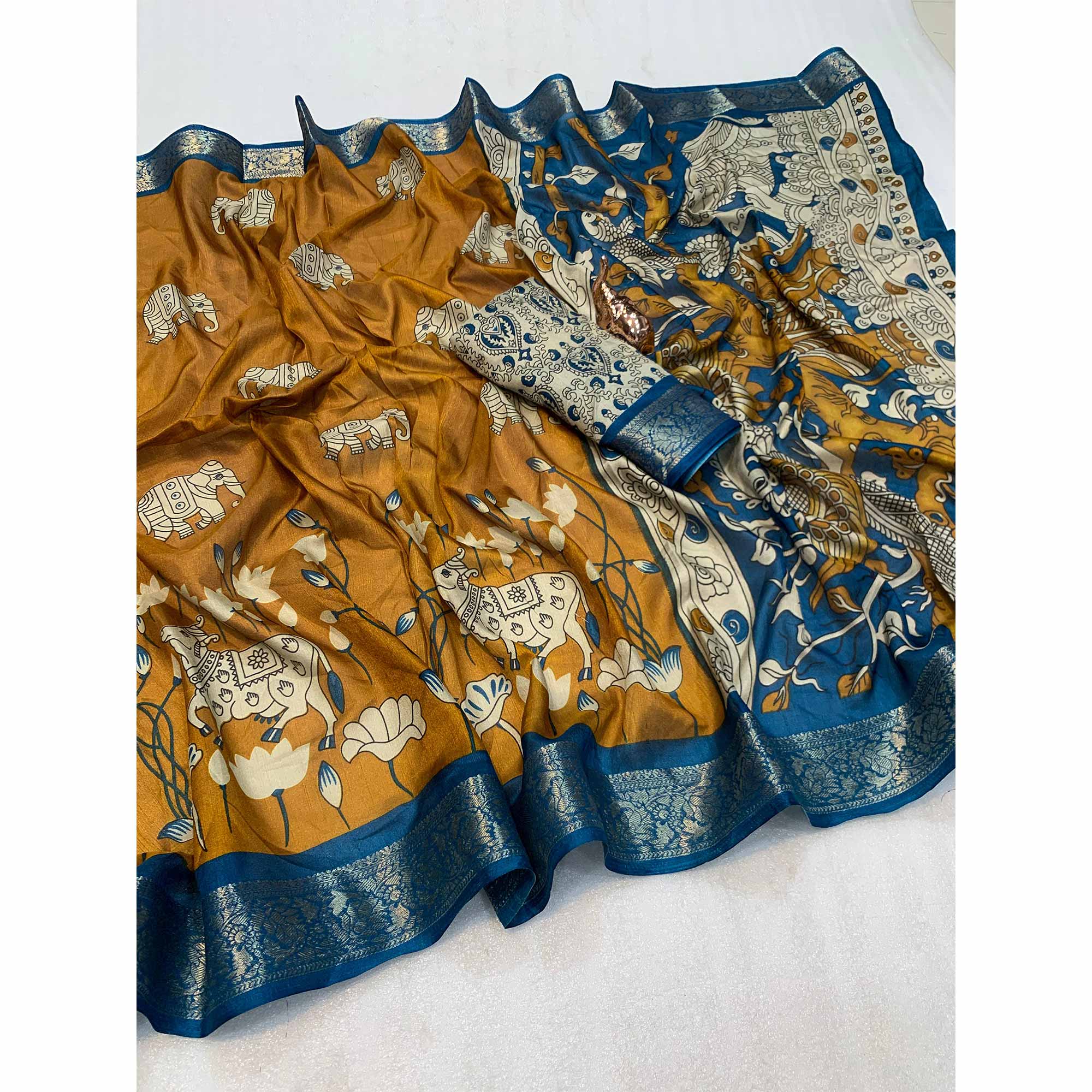 Heritage Inspired Mustard Mulmul Saree Featuring Pichwai Art Prints