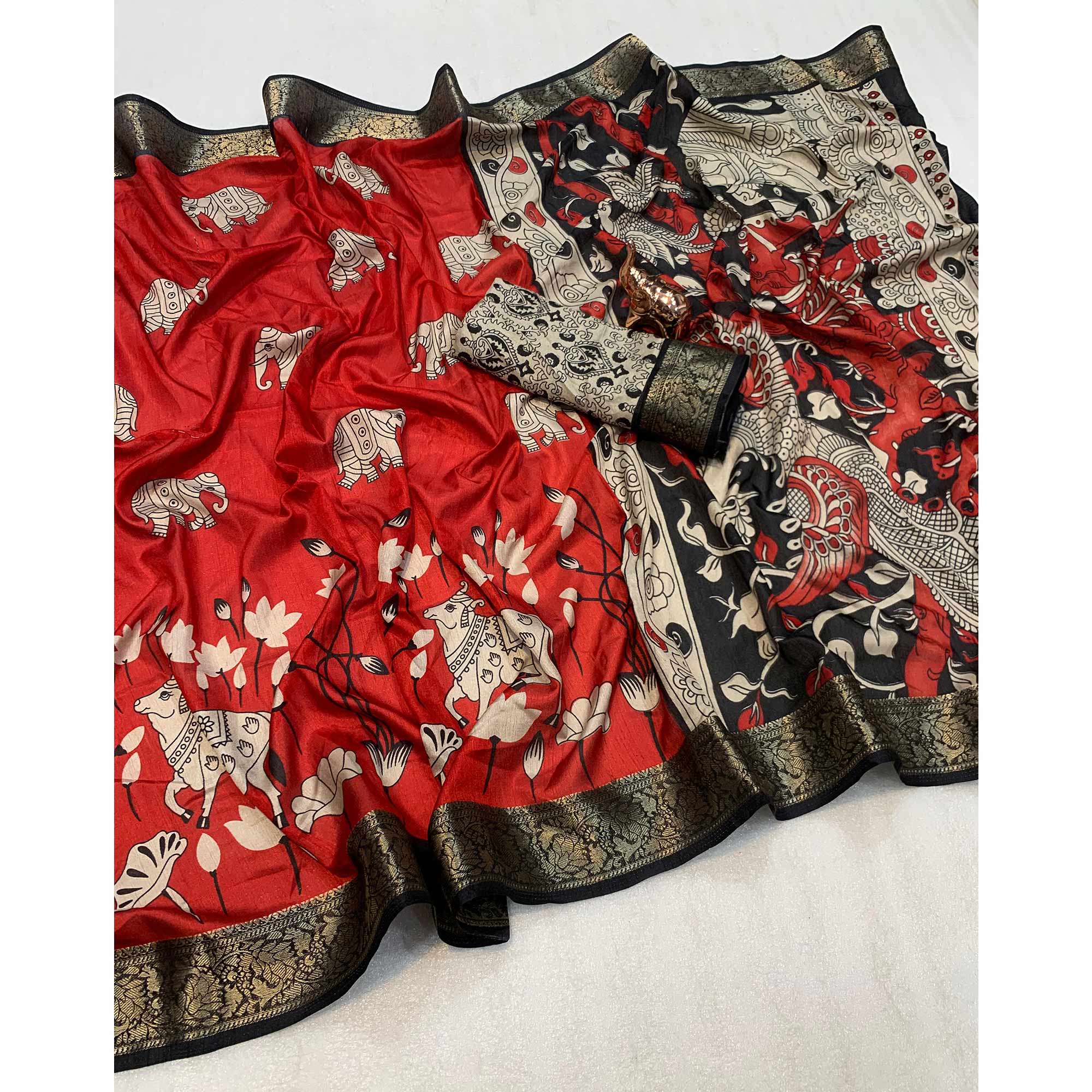 Heritage Inspired Red Mulmul Saree Featuring Pichwai Art Prints