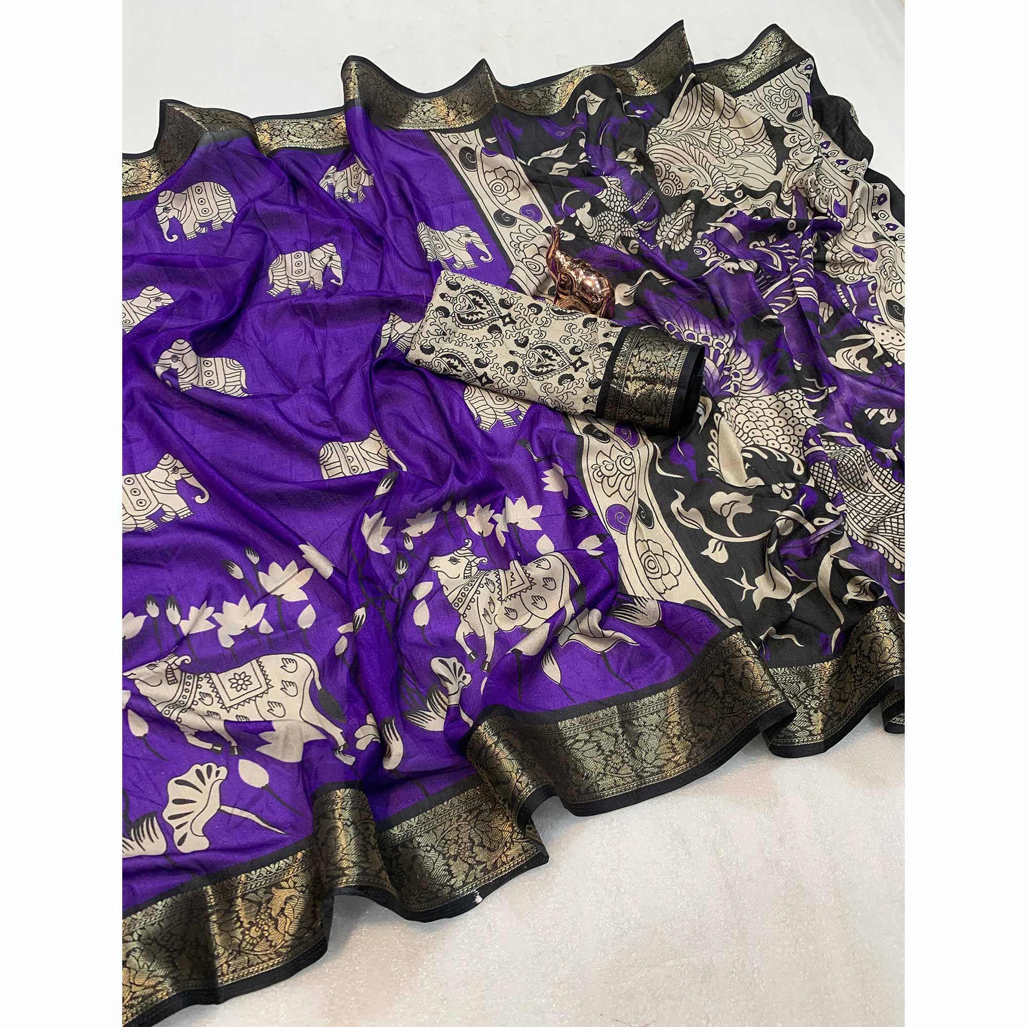 Heritage Inspired Violet Mulmul Saree Featuring Pichwai Art Prints