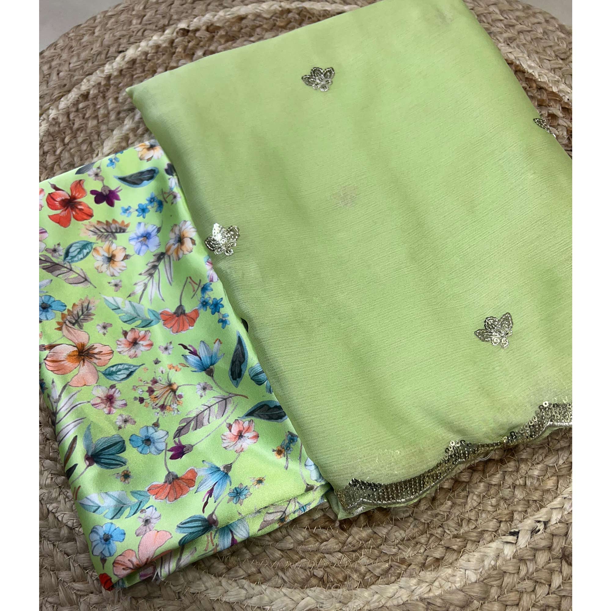 Green Floral Sequins Embroidered Chiffon Saree