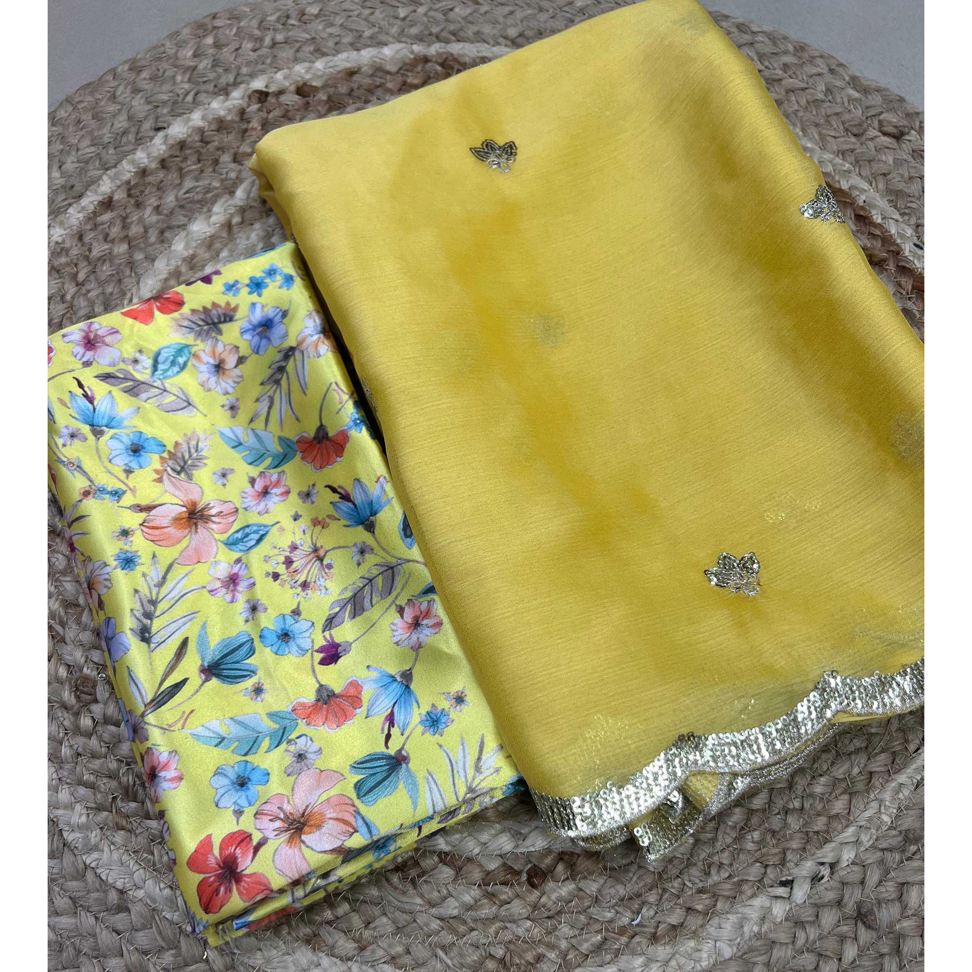 Yellow Floral Sequins Embroidered Chiffon Saree