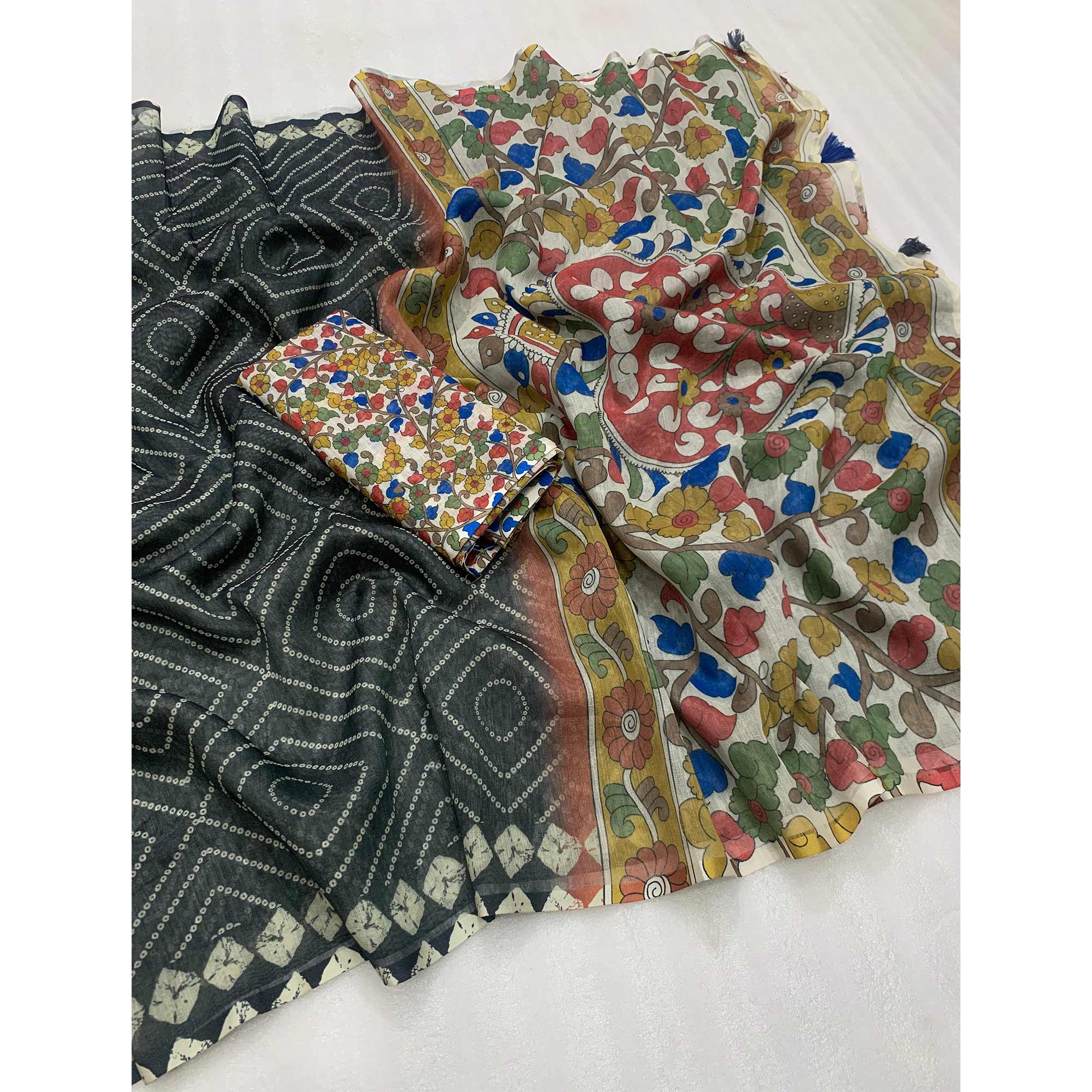 Black Bandhani Printed Linen Saree With Delicate Tassel Border