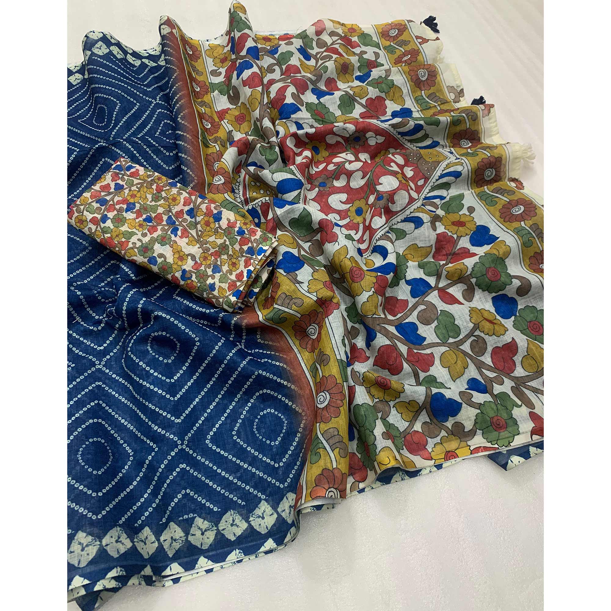Blue Bandhani Printed Linen Saree With Delicate Tassel Border