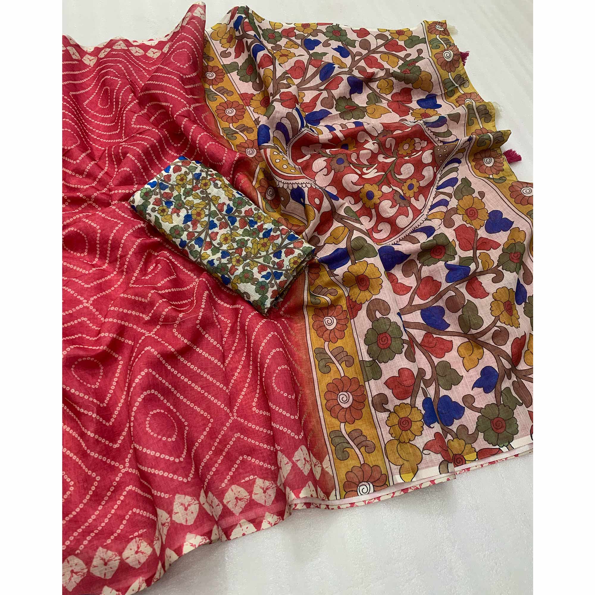 Gajari Pink Bandhani Printed Linen Saree With Delicate Tassel Border