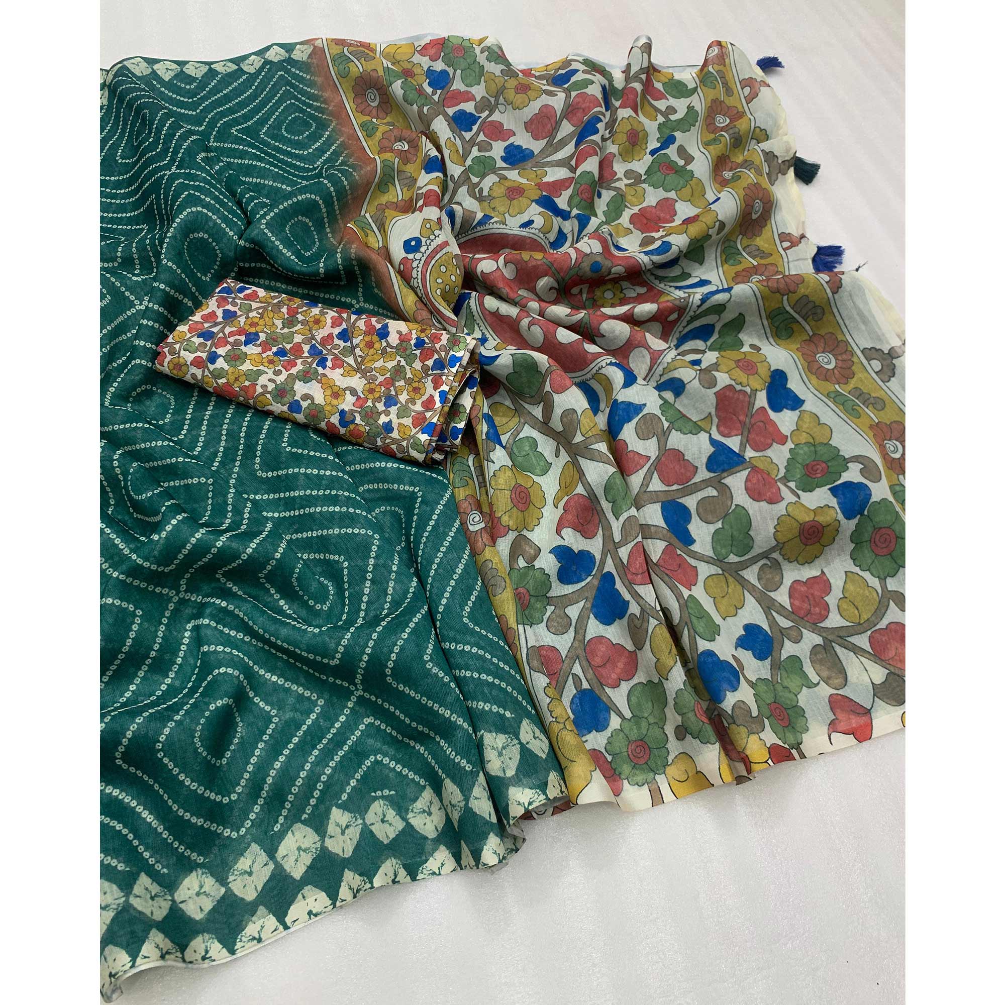 Green Bandhani Printed Linen Saree With Delicate Tassel Border