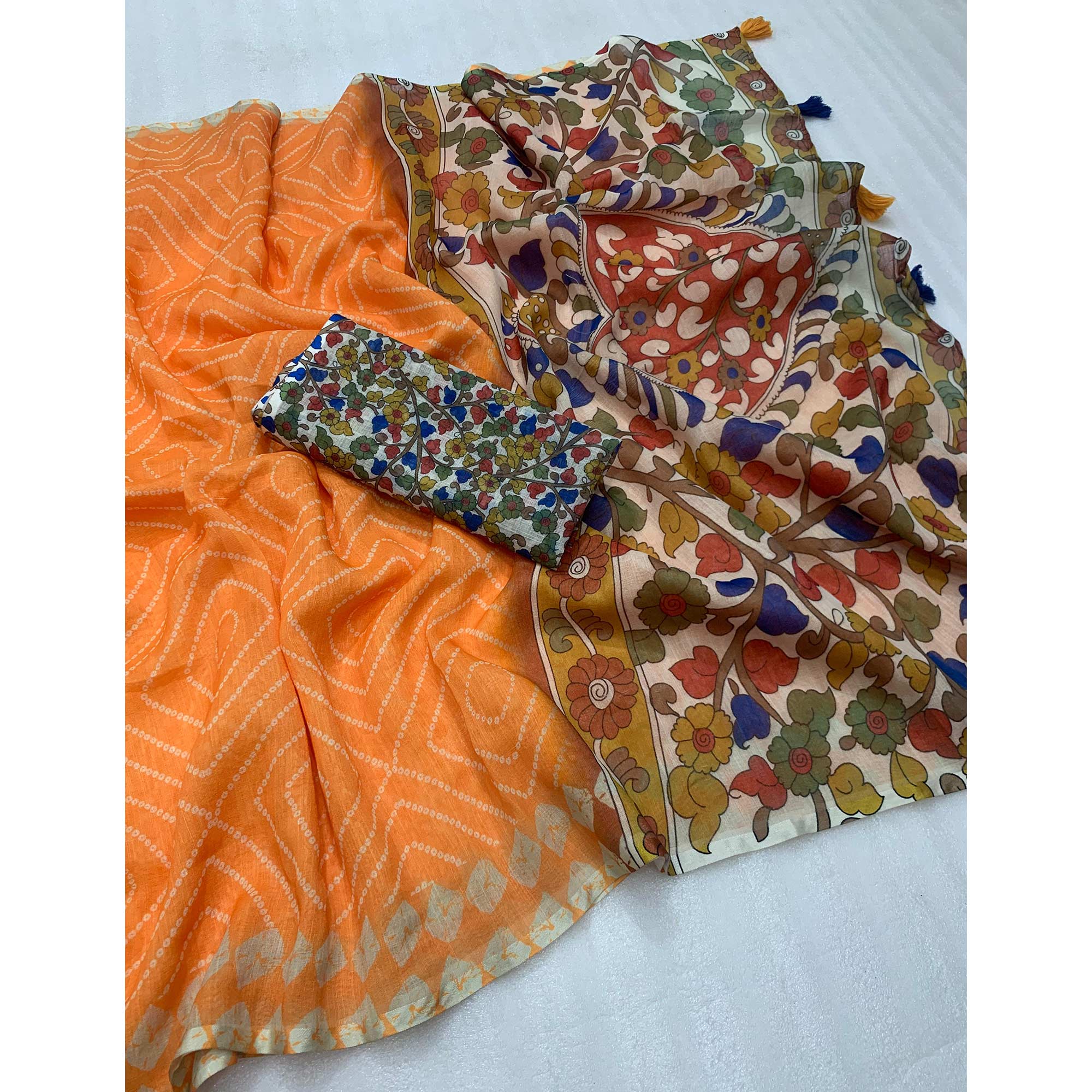 Orange Bandhani Printed Linen Saree With Delicate Tassel Border