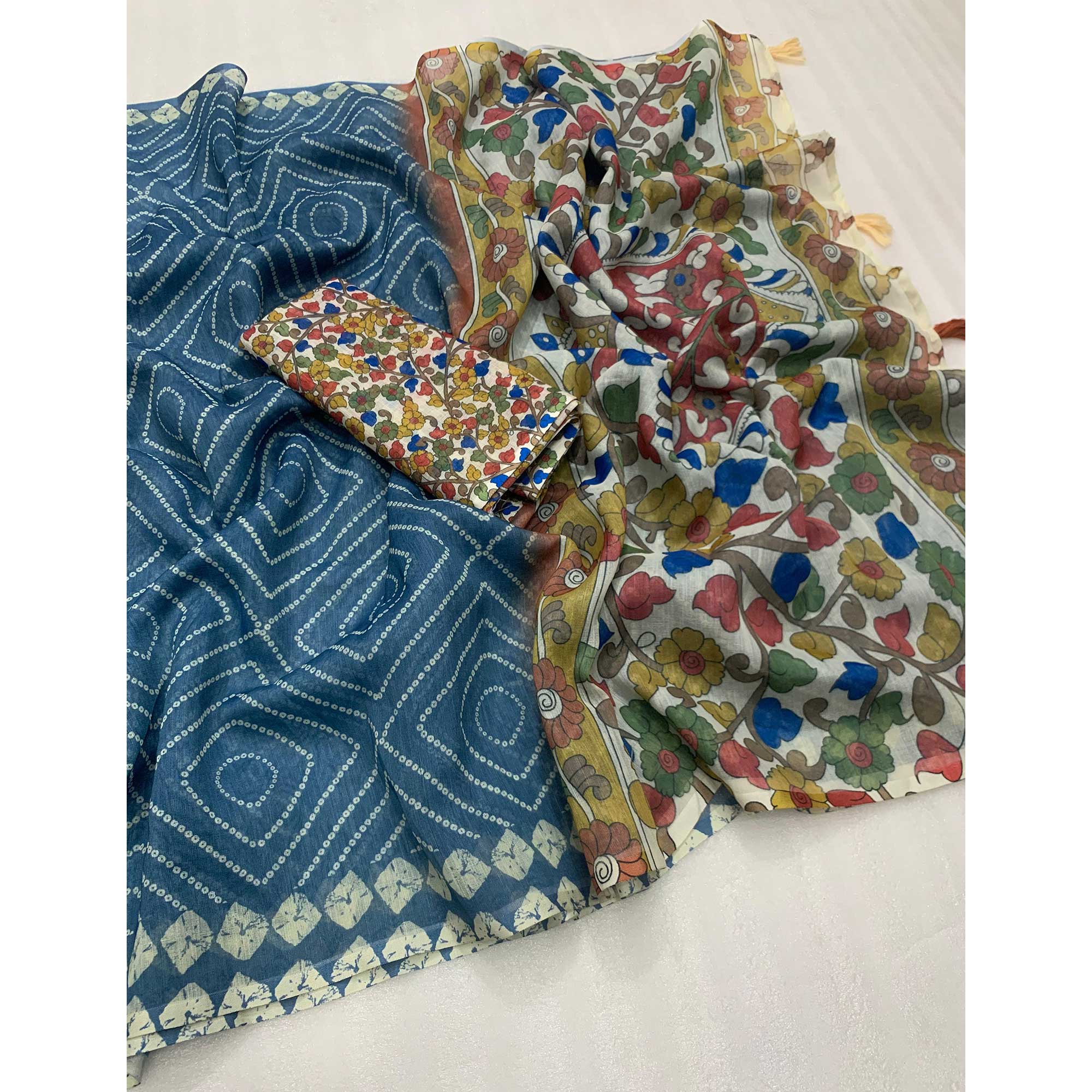 Dark Steel Blue Bandhani Printed Linen Saree With Delicate Tassel Border