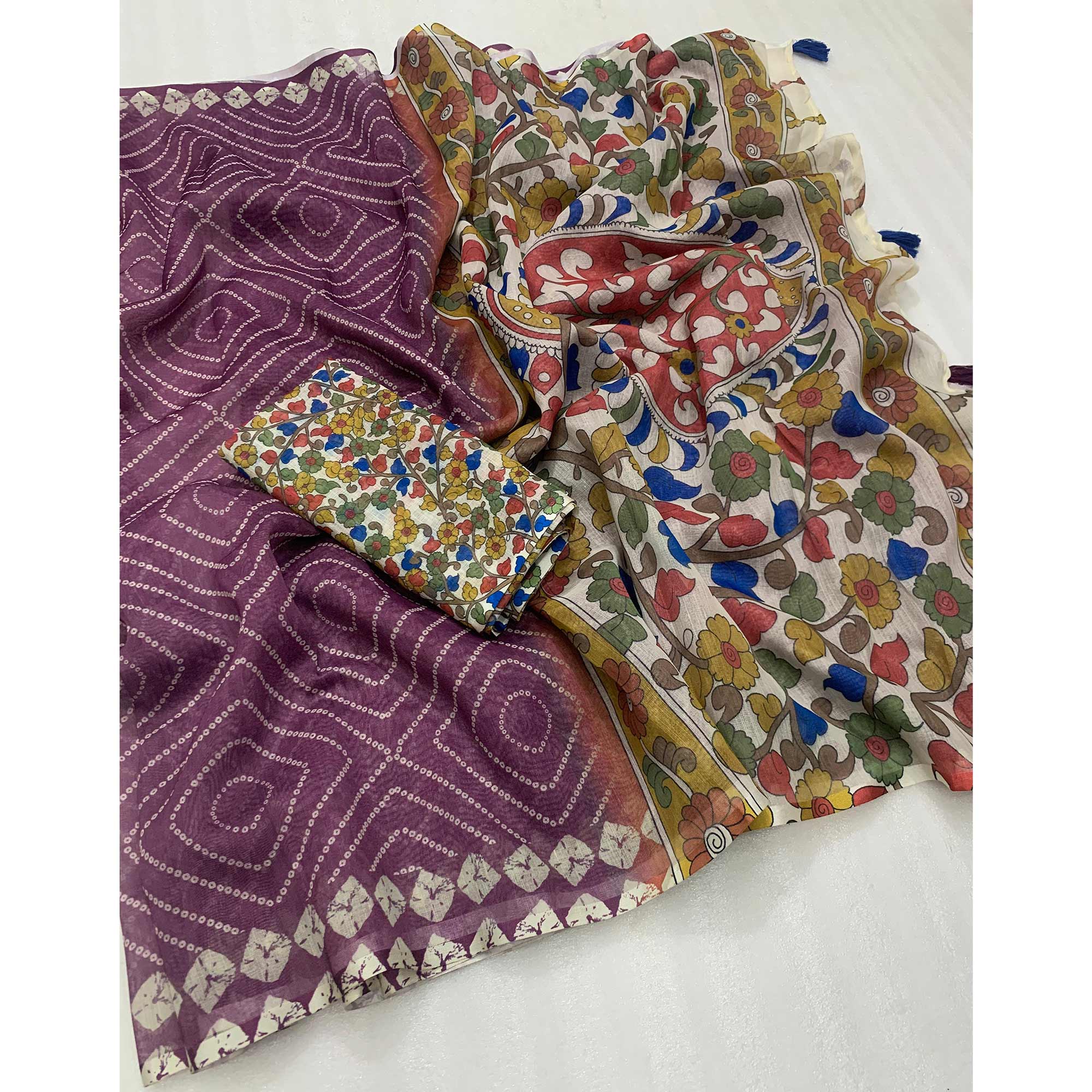 Wine Bandhani Printed Linen Saree With Delicate Tassel Border