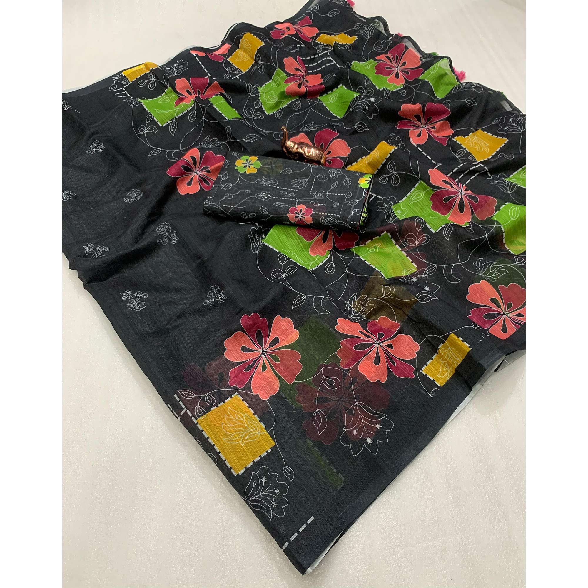 Black Floral Printed Linen Saree With Elegant Tassel Border