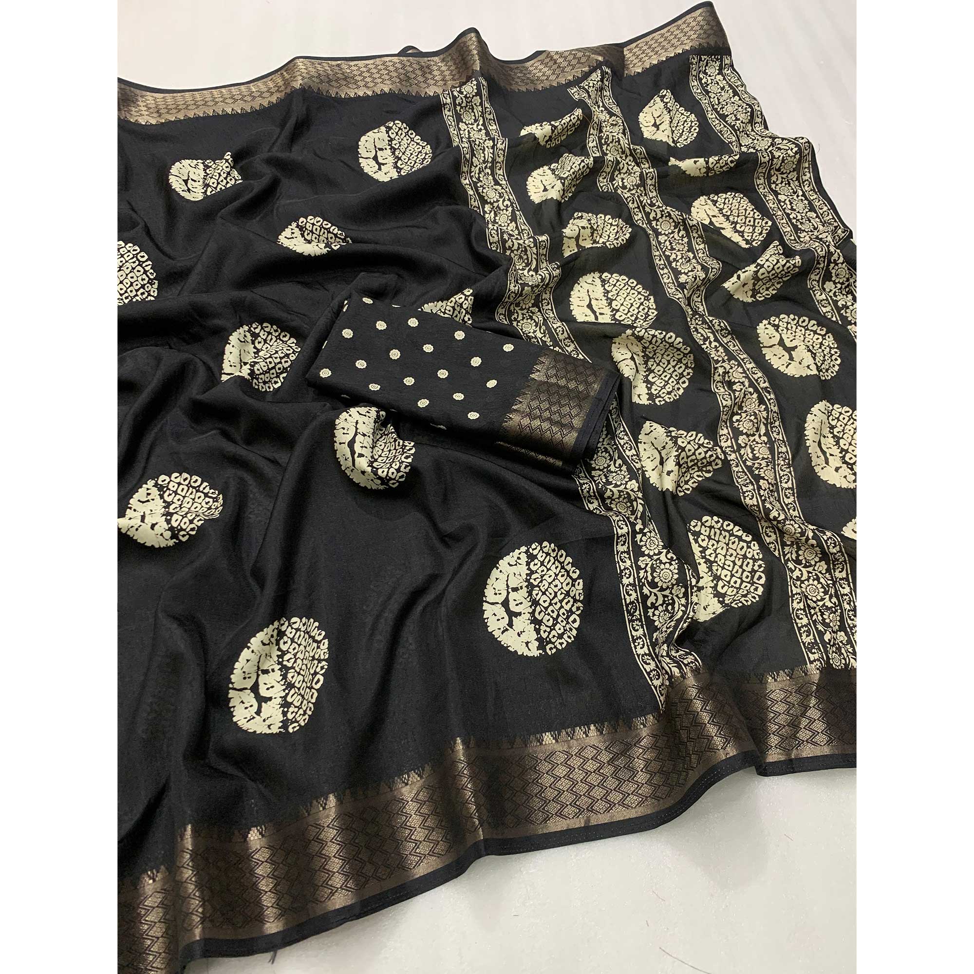 Black Batik Printed Cotton Silk Saree With Zari Border