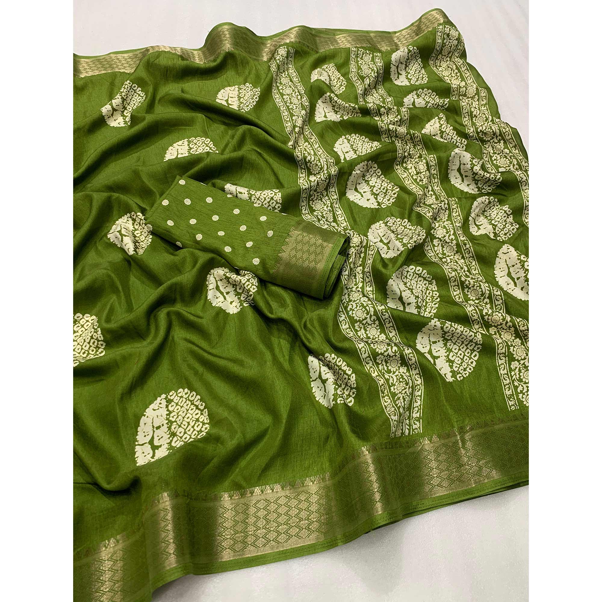 Green Batik Printed Cotton Silk Saree With Zari Border