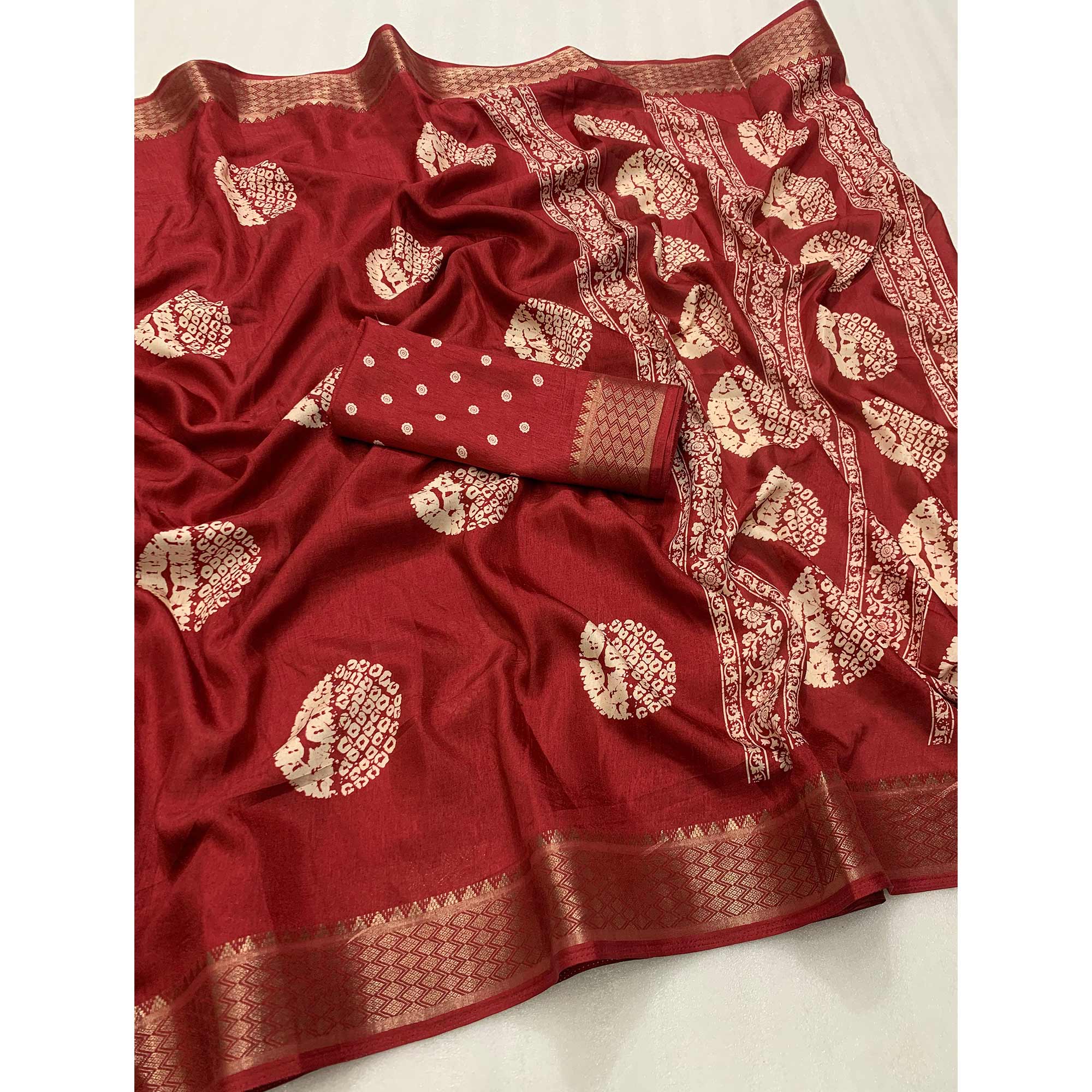 Maroon Batik Printed Cotton Silk Saree With Zari Border