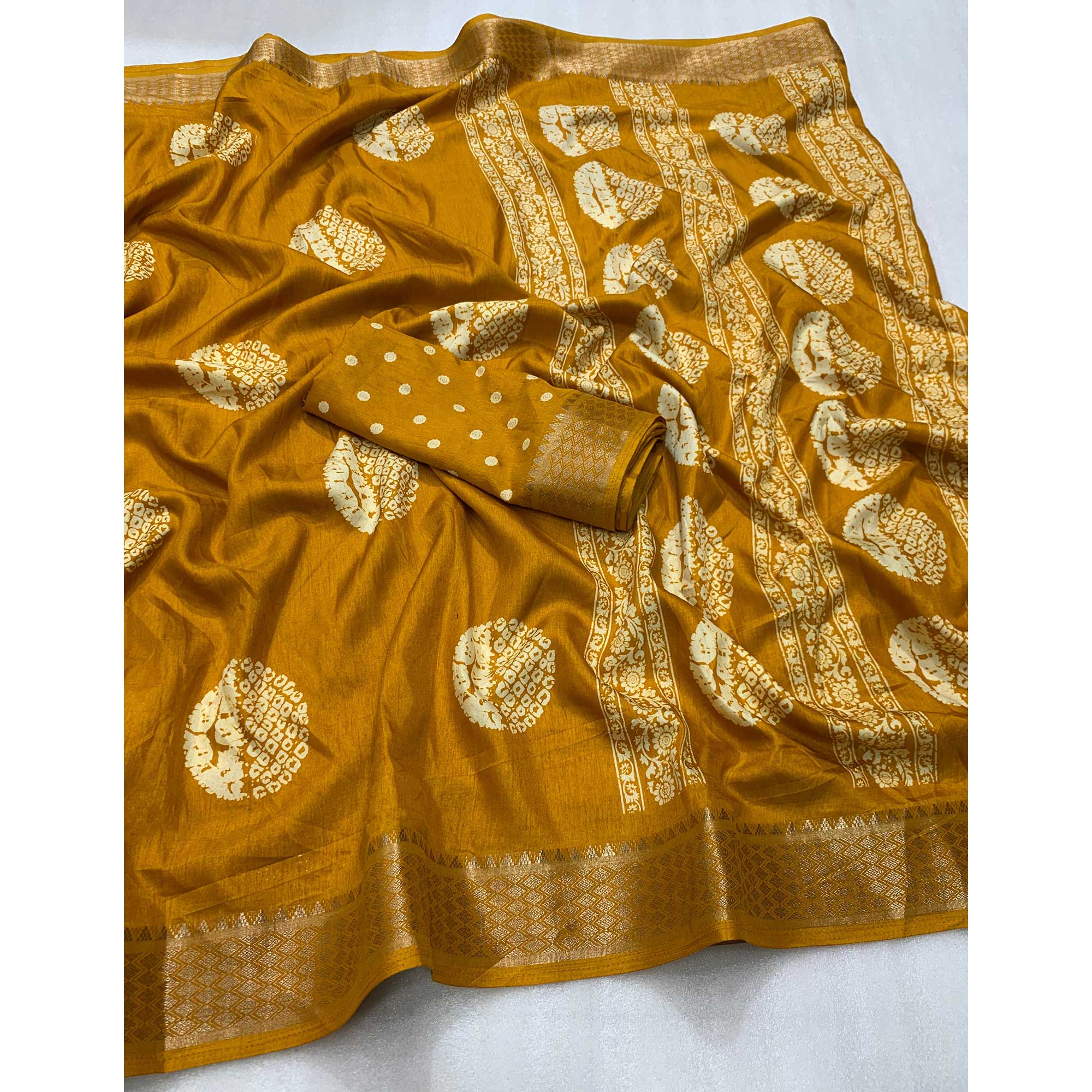 Mustard Batik Printed Cotton Silk Saree With Zari Border