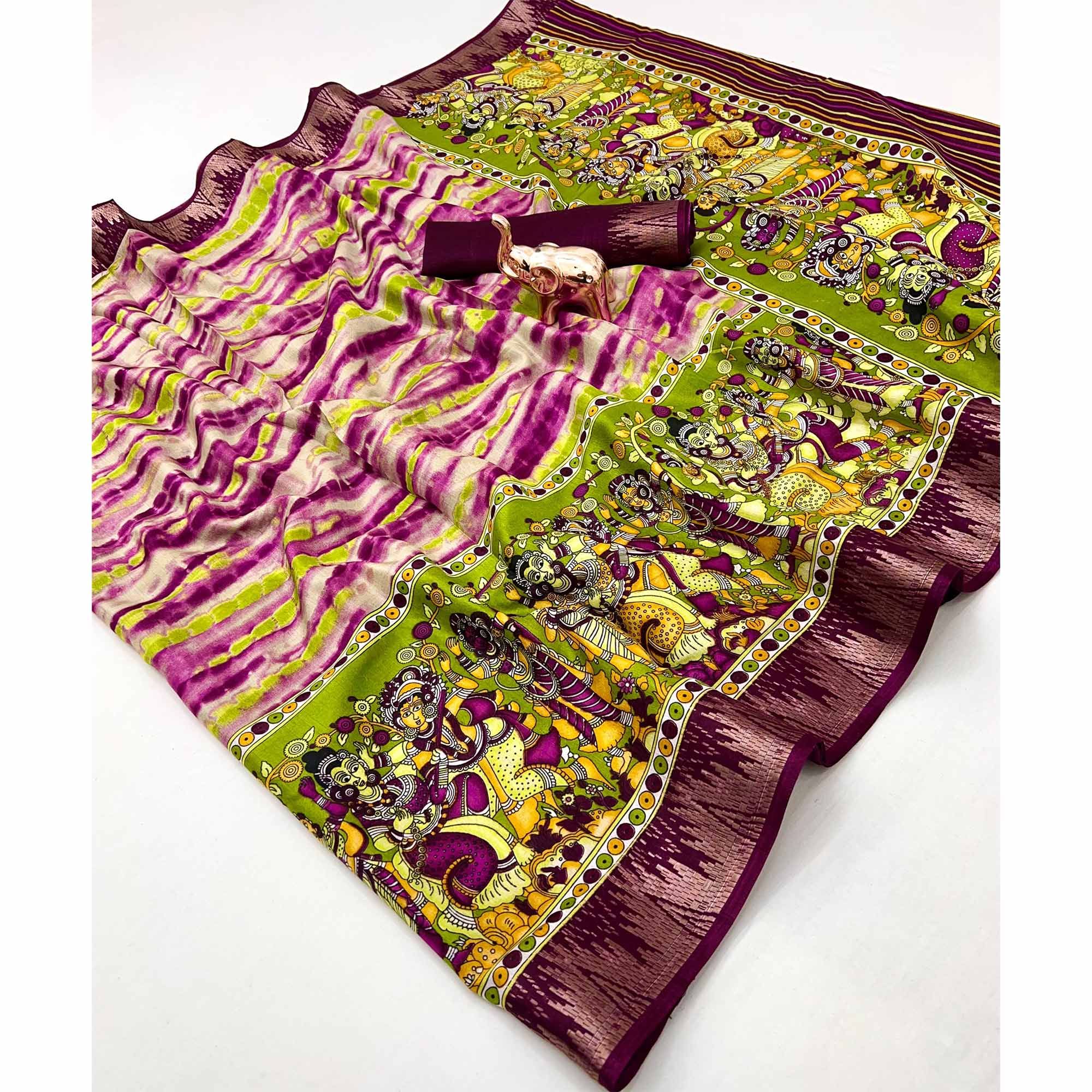 Purple Soft Mulmul Cotton Saree Featuring Artistic Kalamkari Concept Prints