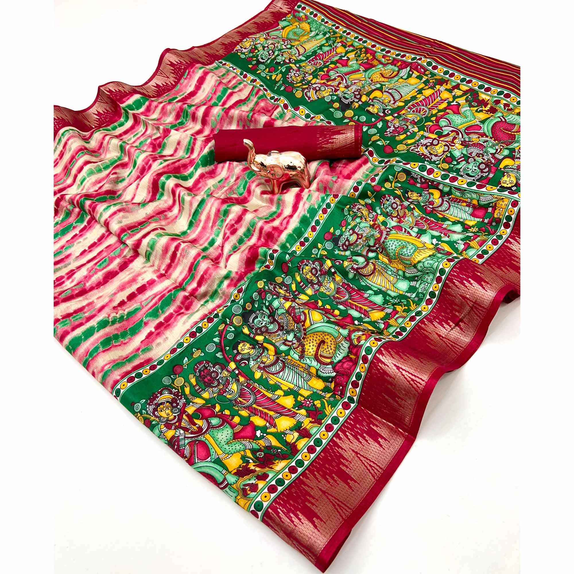 Red Soft Mulmul Cotton Saree Featuring Artistic Kalamkari Concept Prints