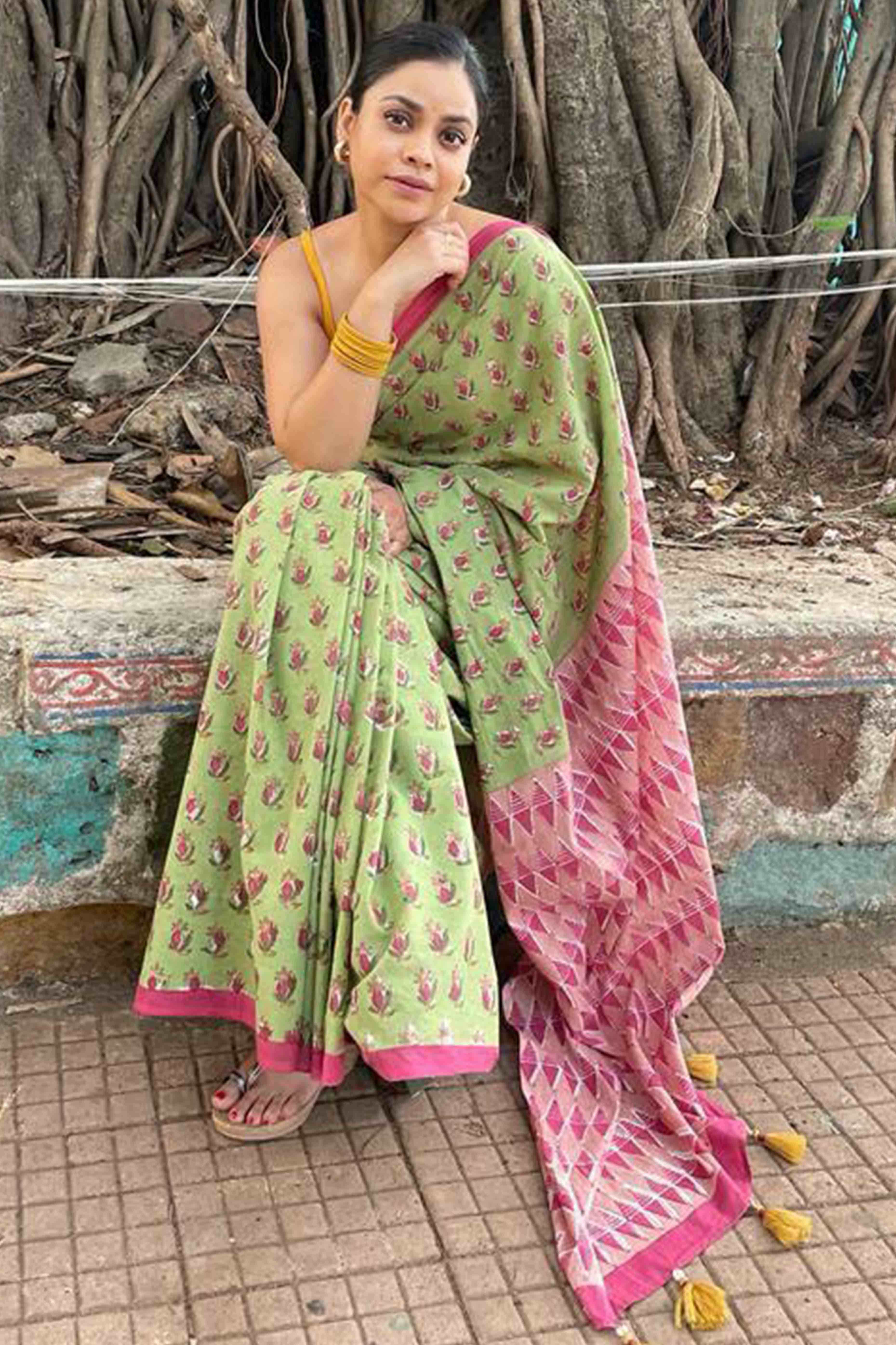 Green Batik Printed Pure Linen Saree With Tassels