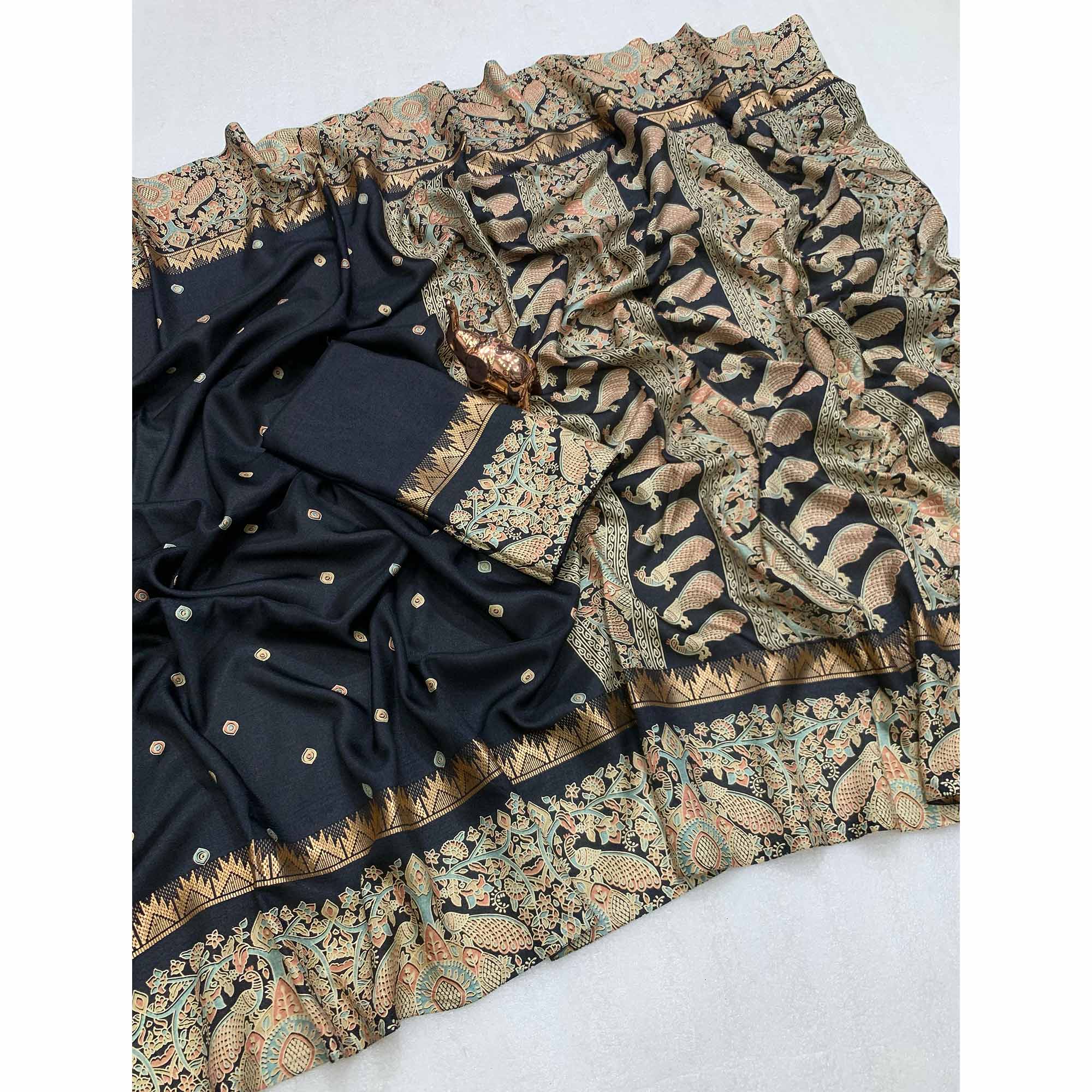 Black Cotton Silk Saree with Zari-Woven Border and Timeless Printed Motifs