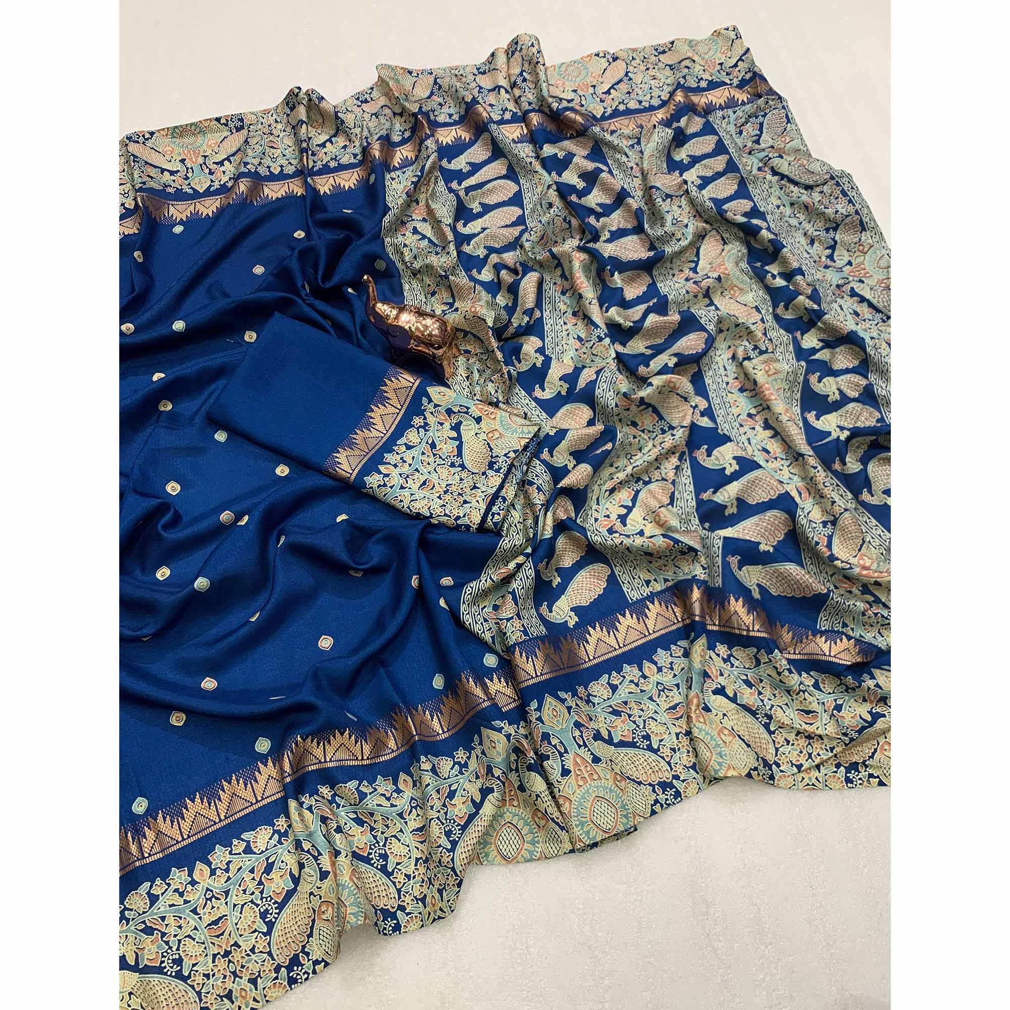 Blue Cotton Silk Saree with Zari-Woven Border and Elegant Printed Designs
