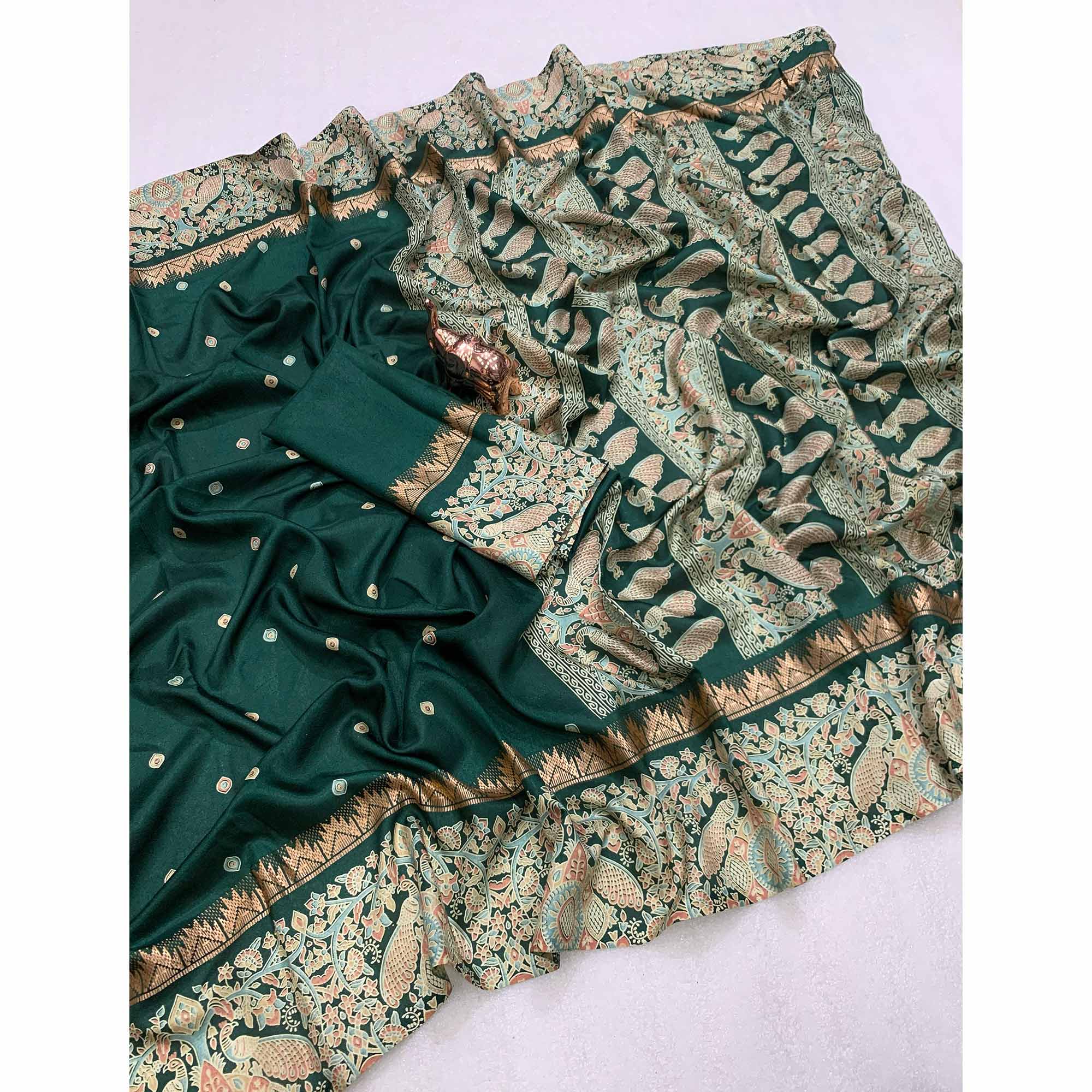 Green Cotton Silk Saree with Zari-Woven Border and Traditional Printed Charm