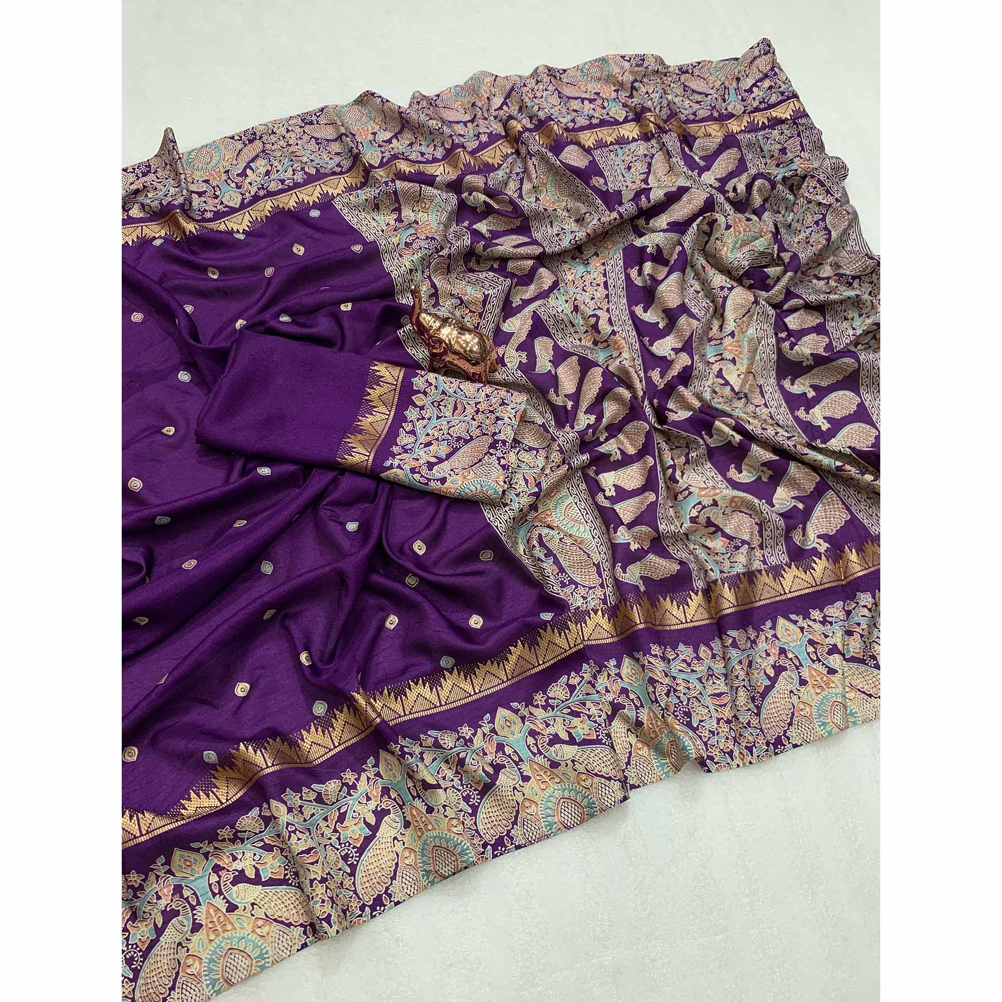 Purple Cotton Silk Saree with Zari-Woven Border and Intricate Patterns