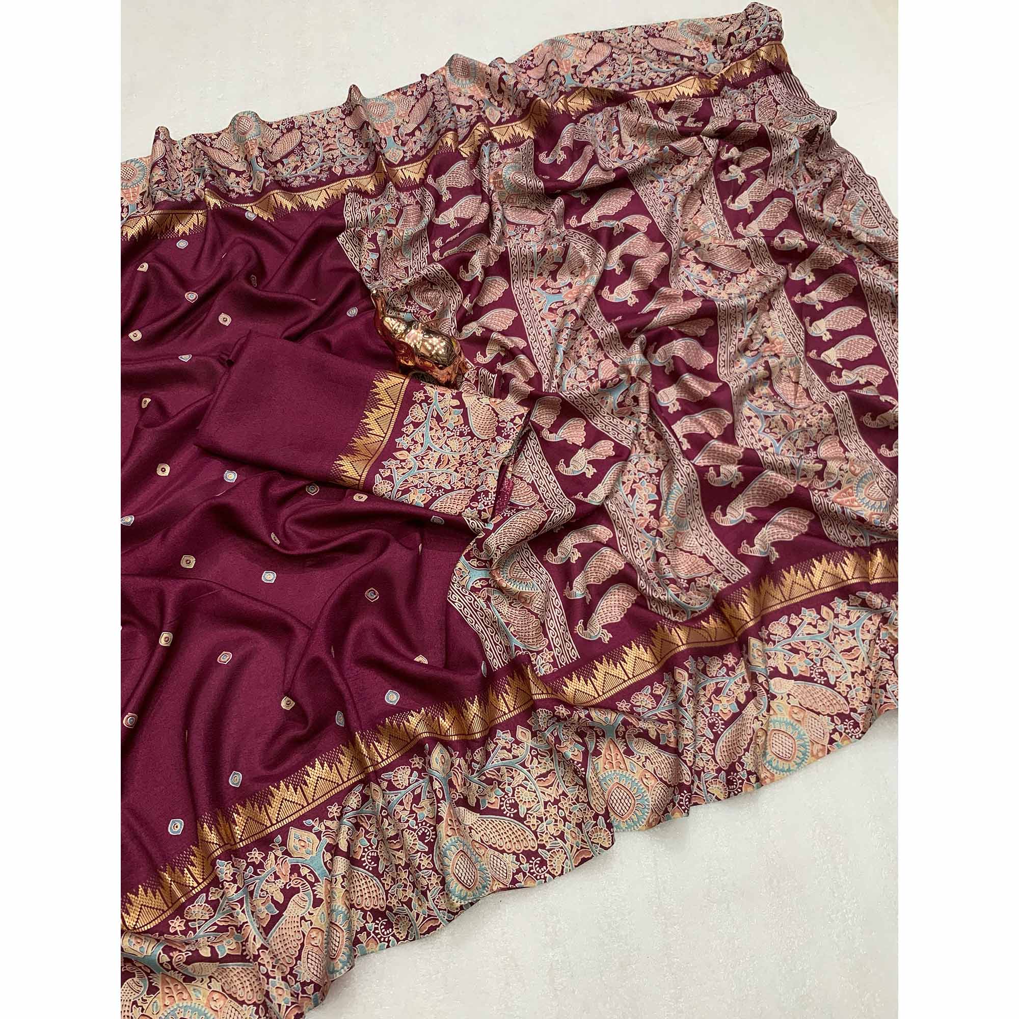 Wine Cotton Silk Saree with Zari-Woven Border and Rich Printed Elegance
