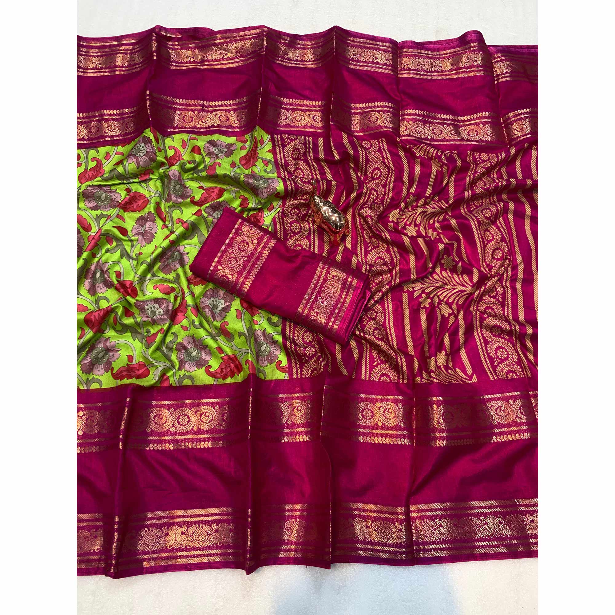 Green Saree In Dola Silk Featuring Floral Kalamkari Print & Rich Jacquard Border