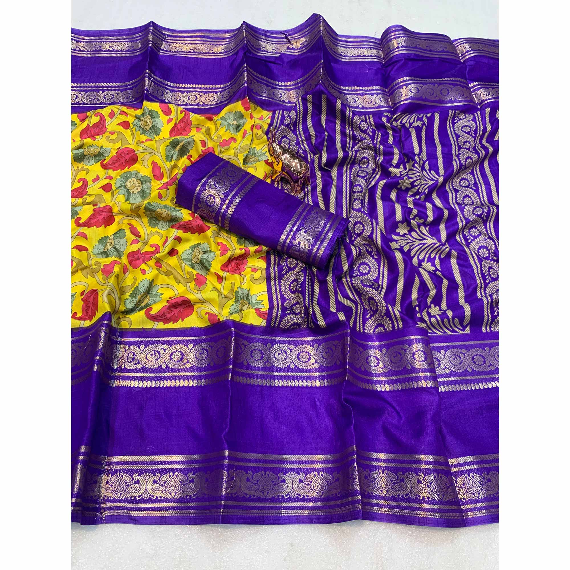 Mustard Saree In Dola Silk Featuring Floral Kalamkari Print & Rich Jacquard Border
