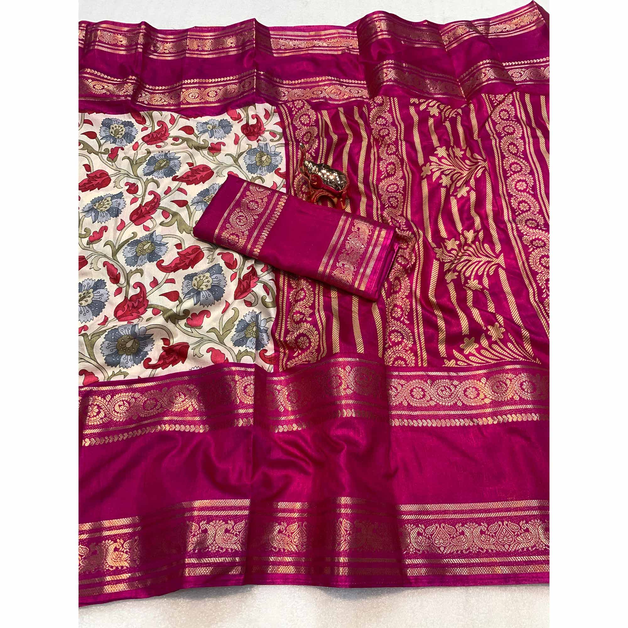 Offwhite Saree In Dola Silk Featuring Floral Kalamkari Print & Rich Jacquard Border