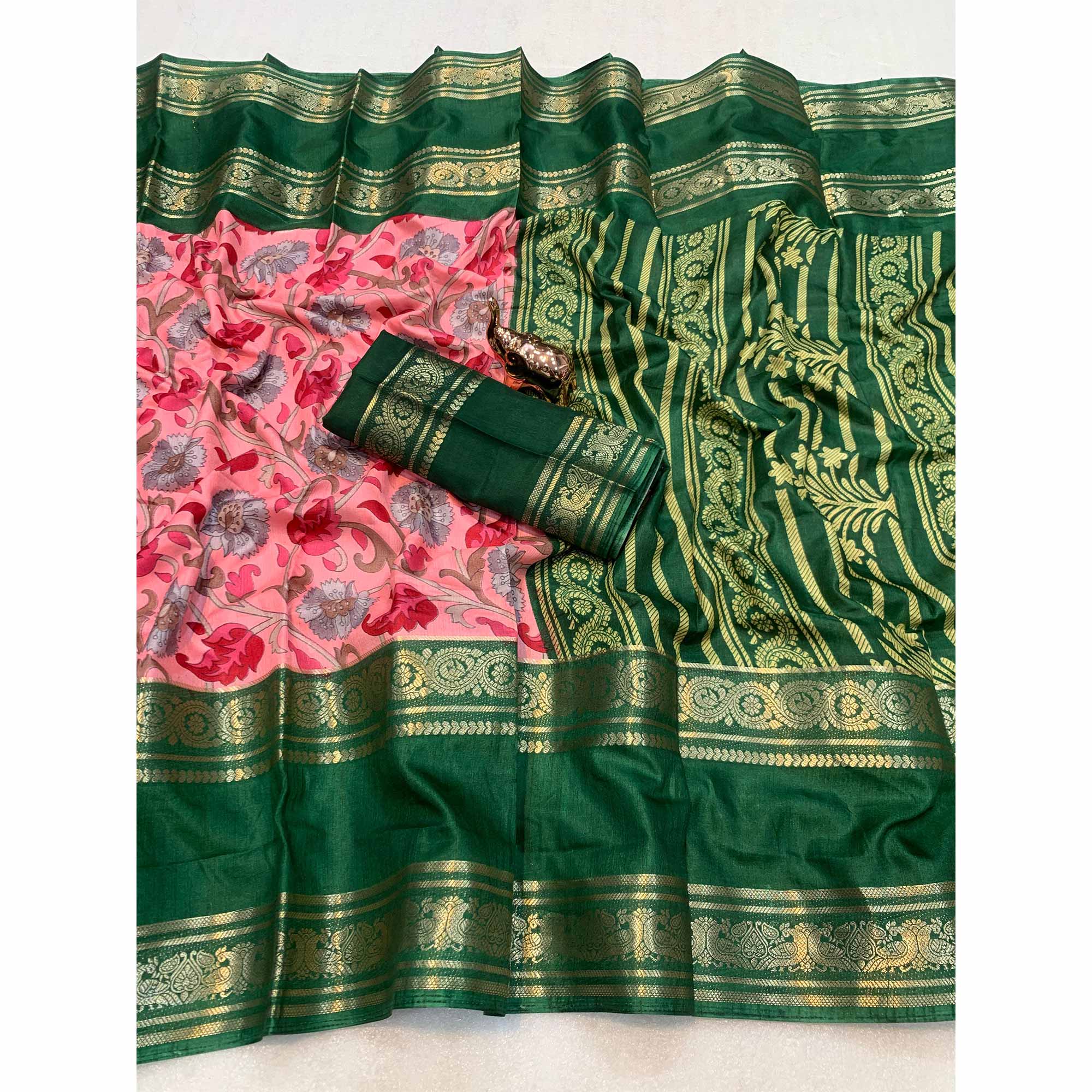 Peach Saree In Dola Silk Featuring Floral Kalamkari Print & Rich Jacquard Border