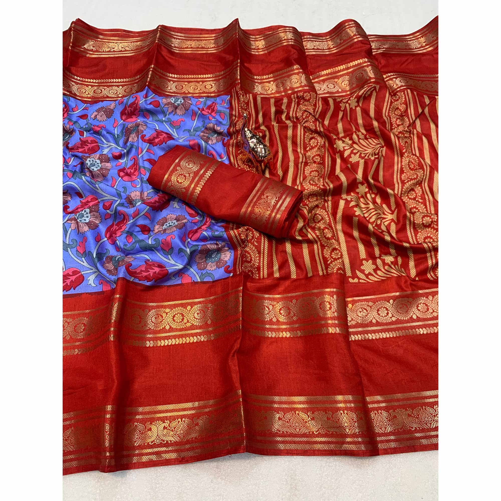 Periwinkle Blue Saree In Dola Silk Featuring Floral Kalamkari Print & Rich Jacquard Border