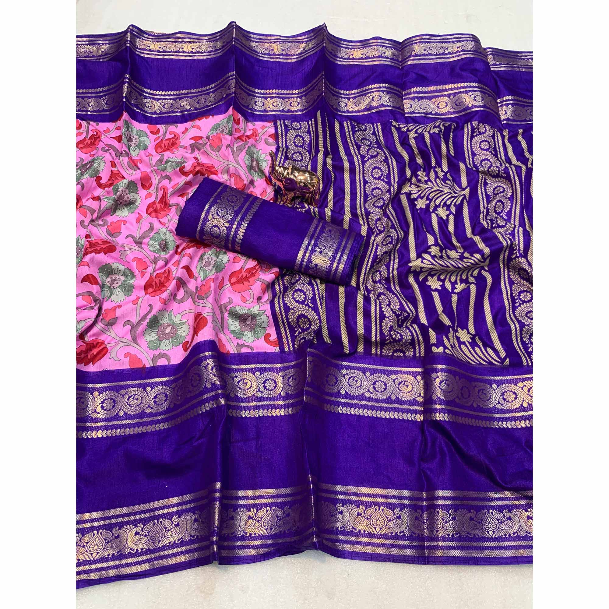 Pink Saree In Dola Silk Featuring Floral Kalamkari Print & Rich Jacquard Border