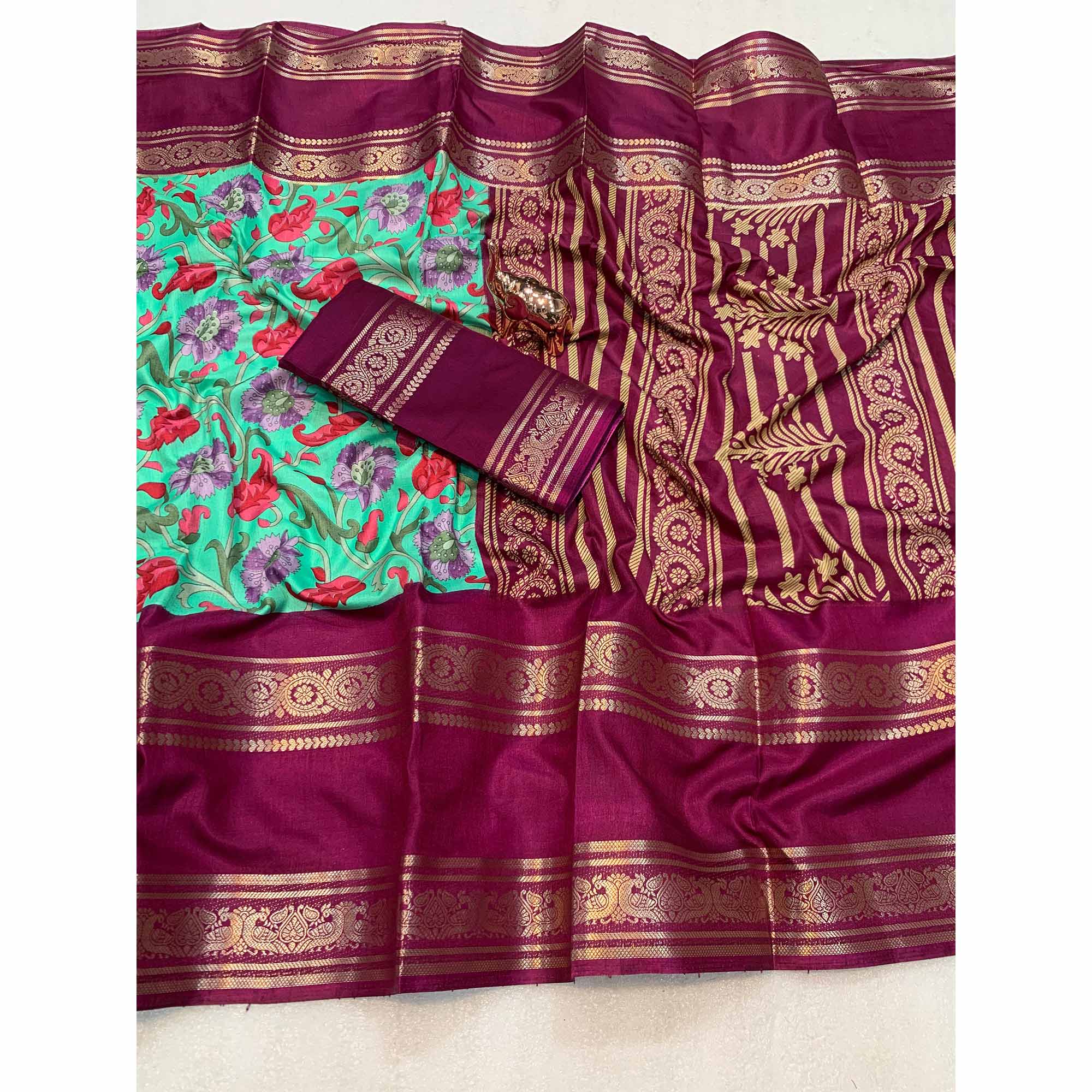 Sea Green Saree In Dola Silk Featuring Floral Kalamkari Print & Rich Jacquard Border