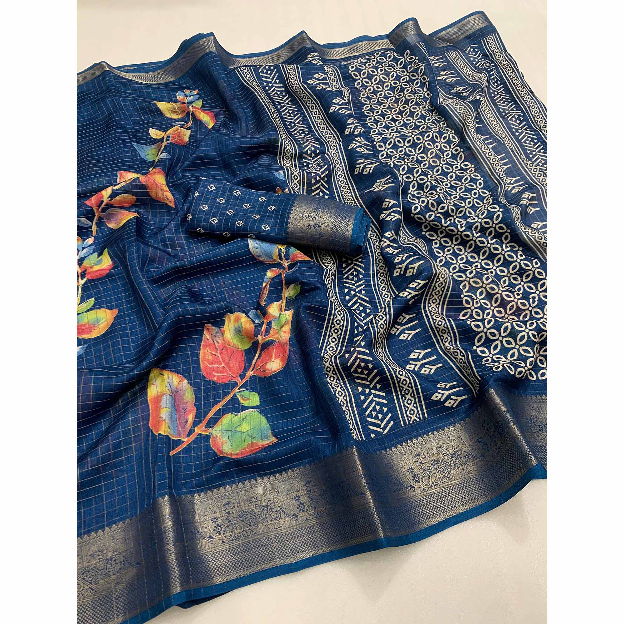 Blue Floral Printed With Woven Dola Silk Saree