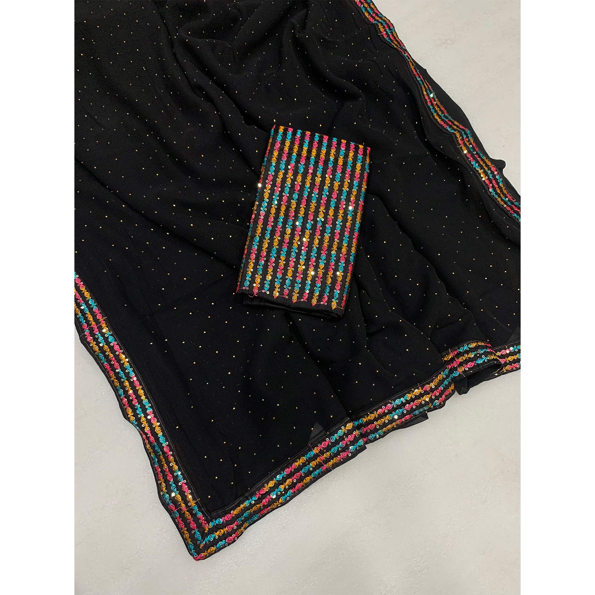 Black Diamond Work Georgette Saree With Sequins Lace Border