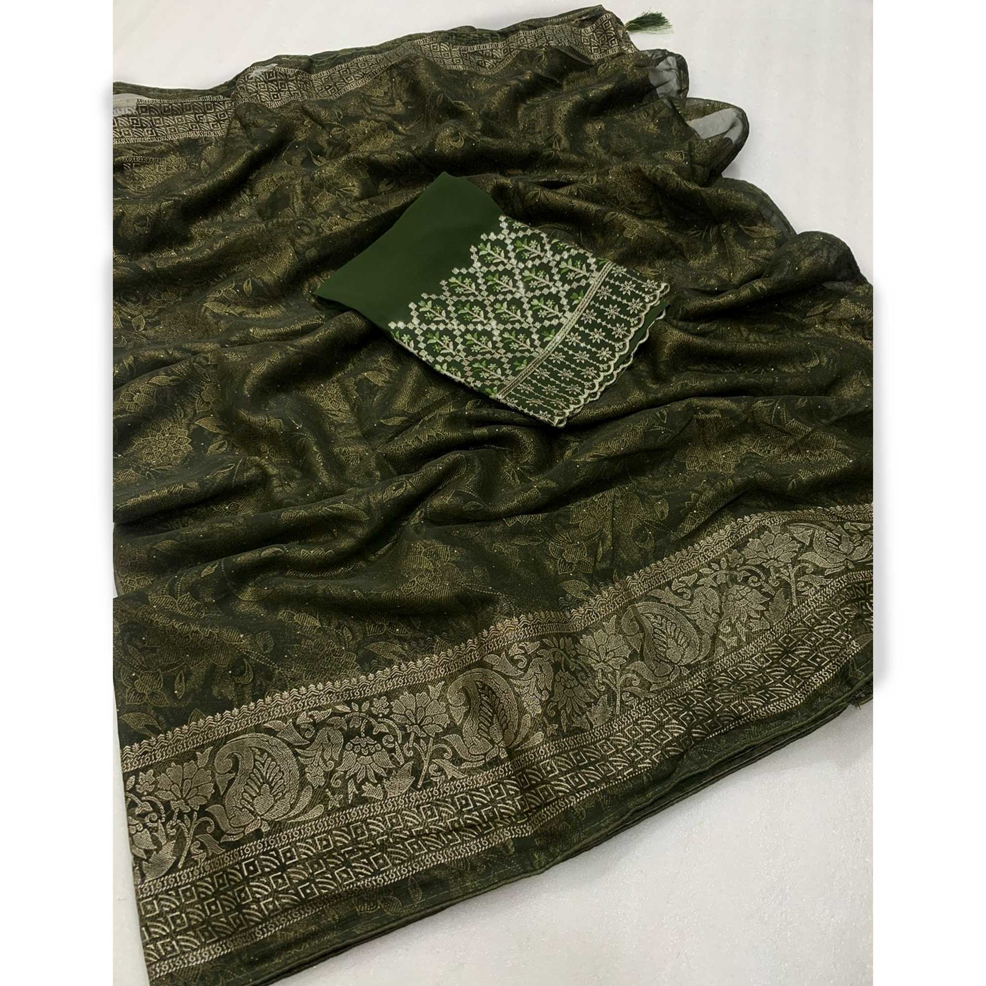 Green Floral Foil Printed Georgette Saree With Tassels