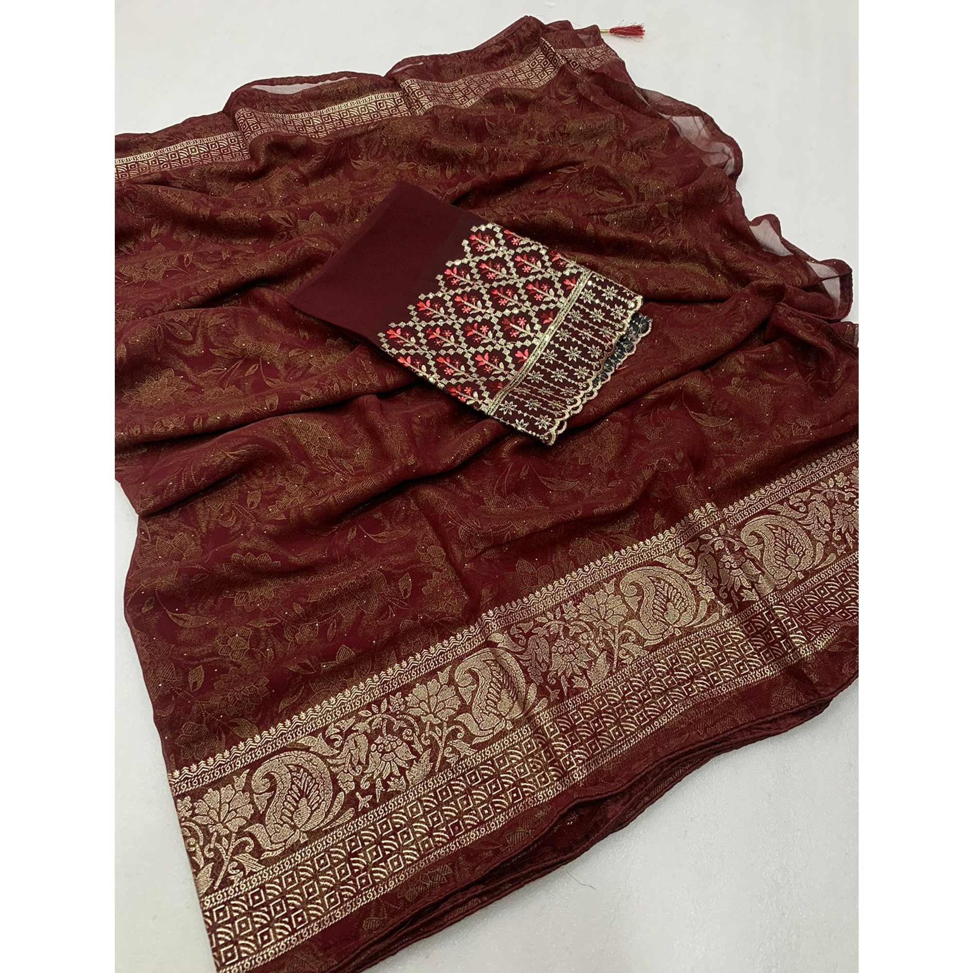 Maroon Floral Foil Printed Georgette Saree With Tassels