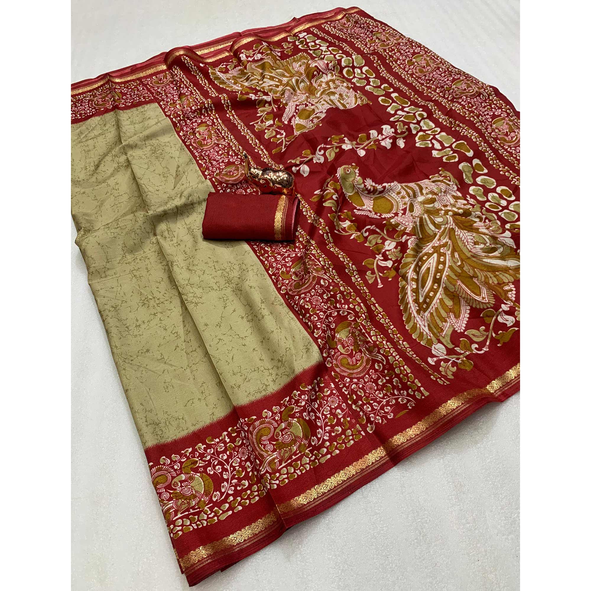 Beige Dola Silk Saree with Modern Abstract Designs and Kalamkari Pallu