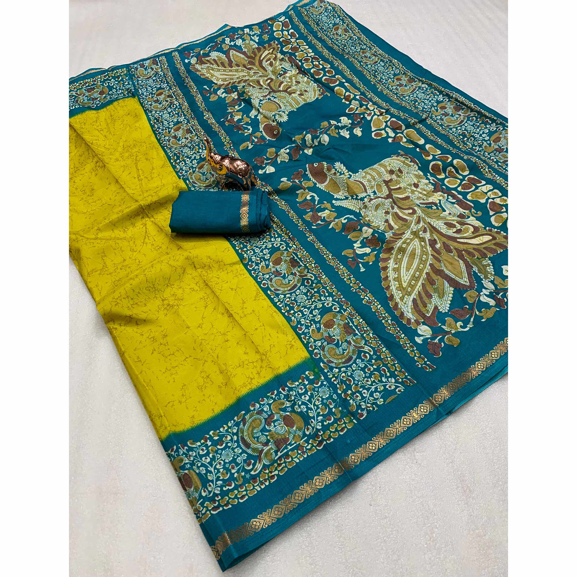 Lime Yellow Dola Silk Saree with Bold Abstract Designs and Kalamkari Pallu