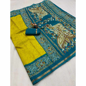 Lime Yellow Dola Silk Saree with Bold Abstract Designs and Kalamkari Pallu
