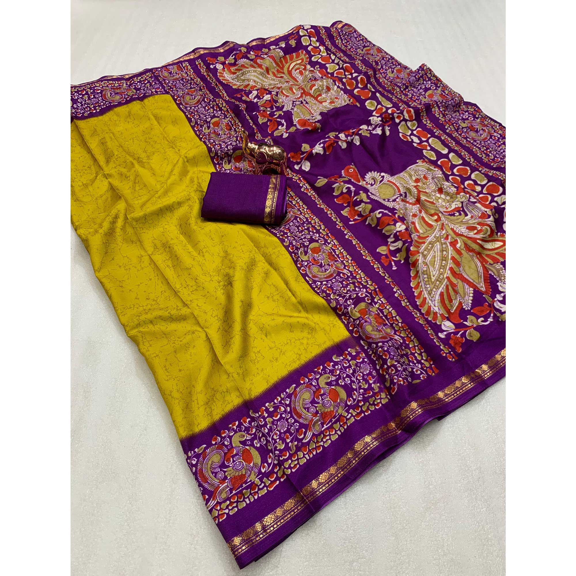 Mustard Yellow Dola Silk Saree with Vibrant Abstract Prints and Kalamkari Pallu